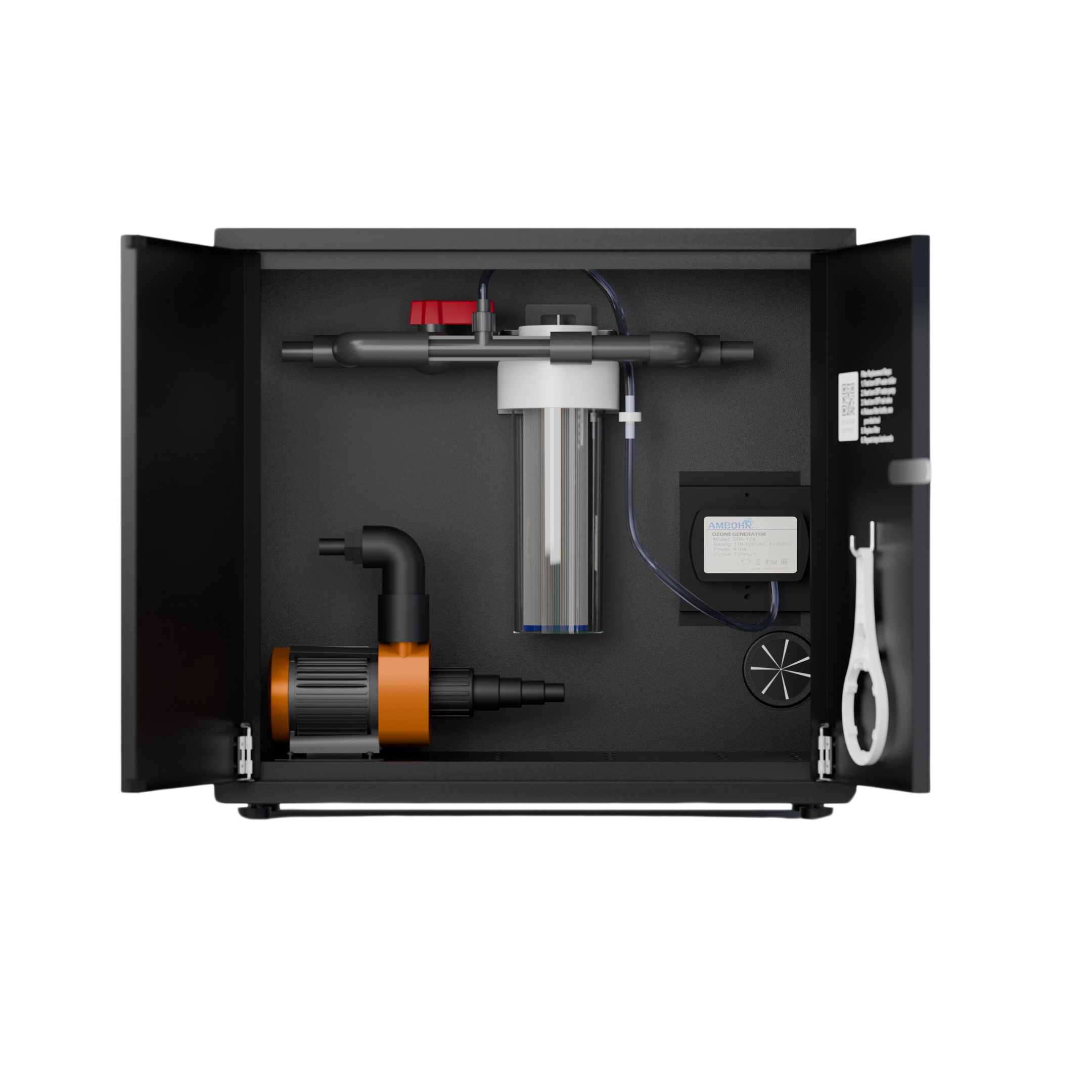 RevX Ozone Water Filtration System with cabinet door open showing the internal components