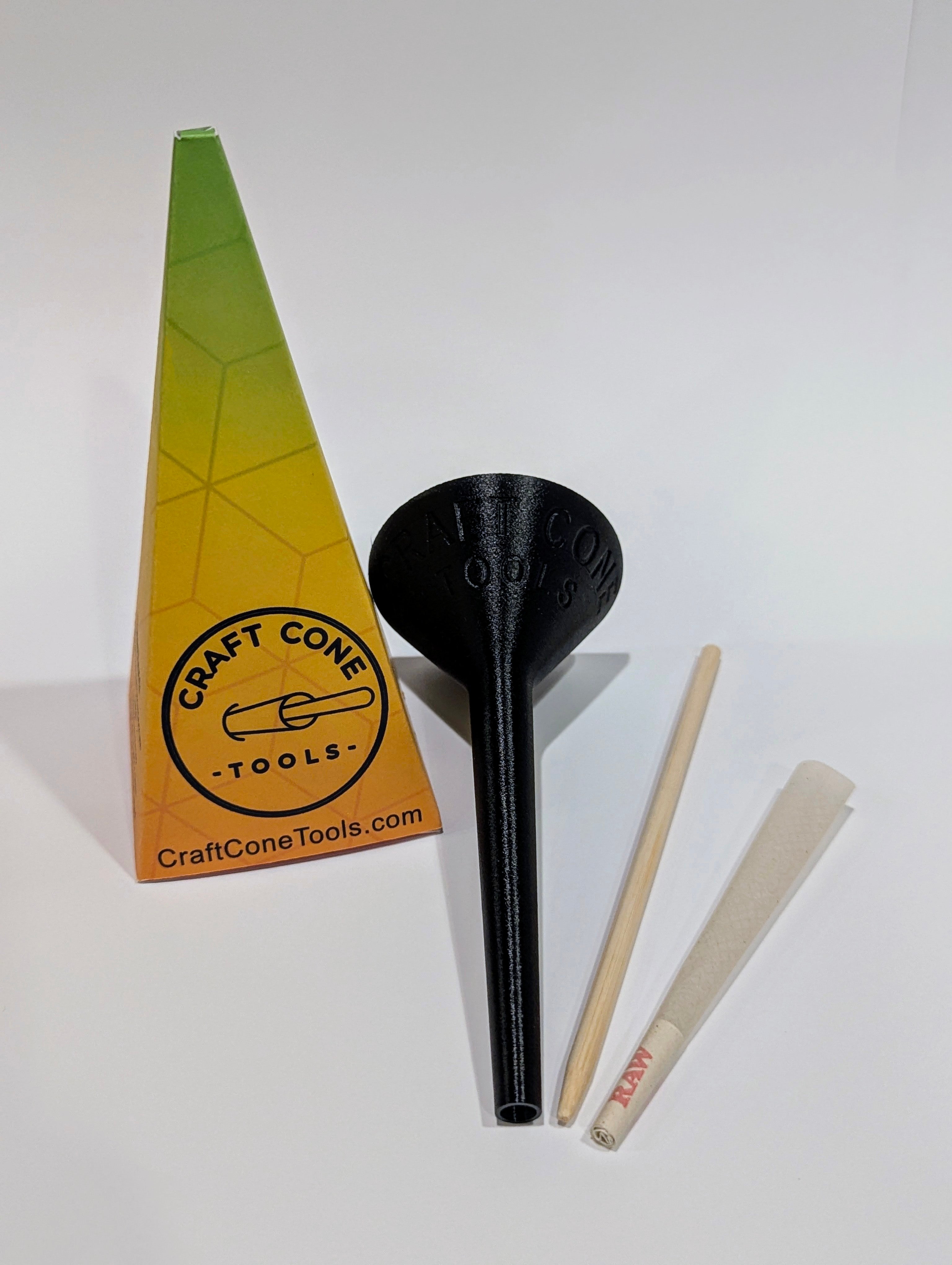 King Craft Cone Filler & Packing Tool Kit showing filler, packing stick, and king-sized cone in clear and black colors