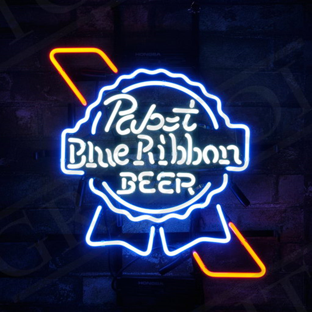 Pabst Blue Ribbon Beer Neon Sign illuminated with blue and red neon on metal grid backing