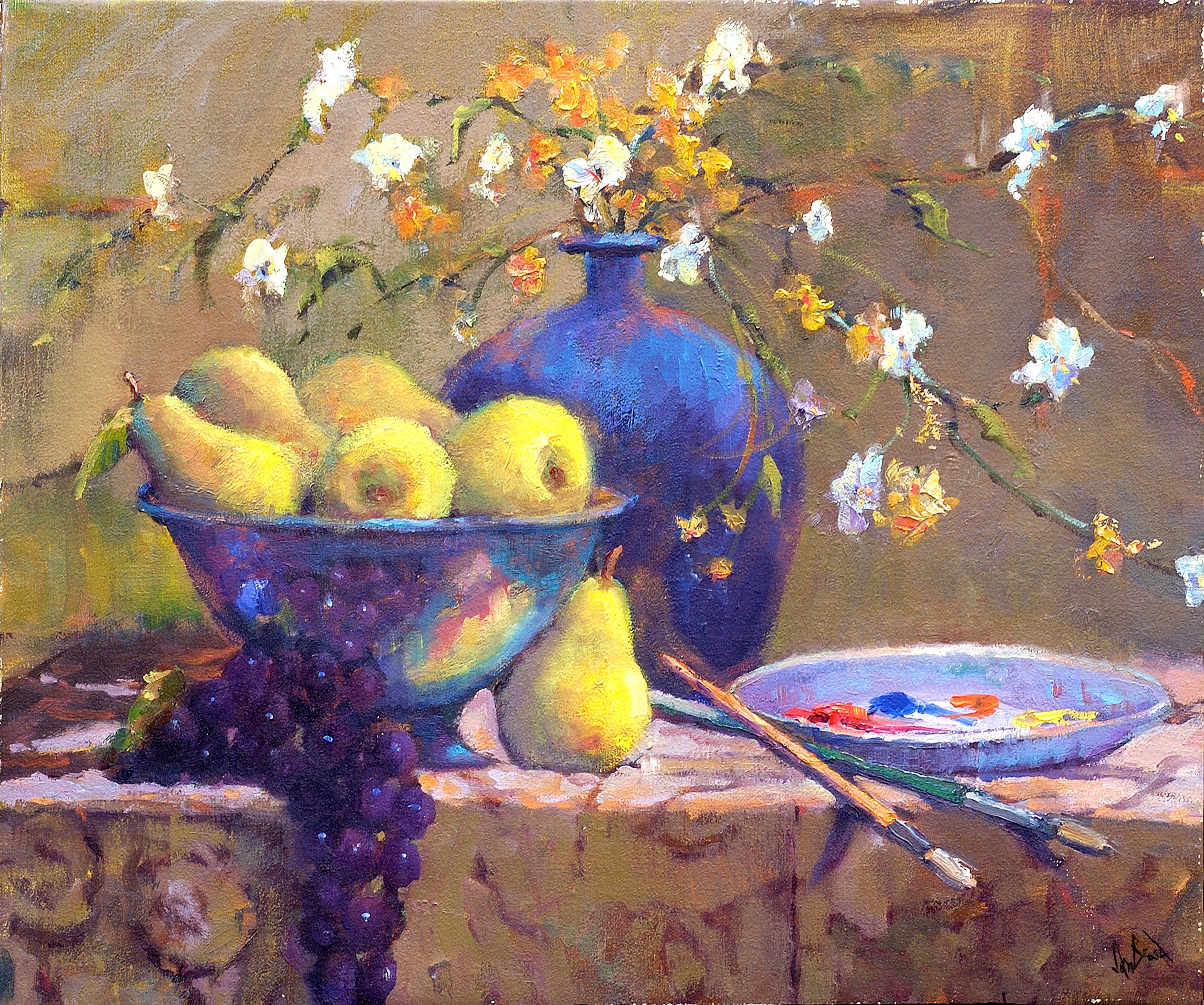 Pears in Bowl Artist Enhanced Canvas Print by John Beard Collection - main product image for Resin Society