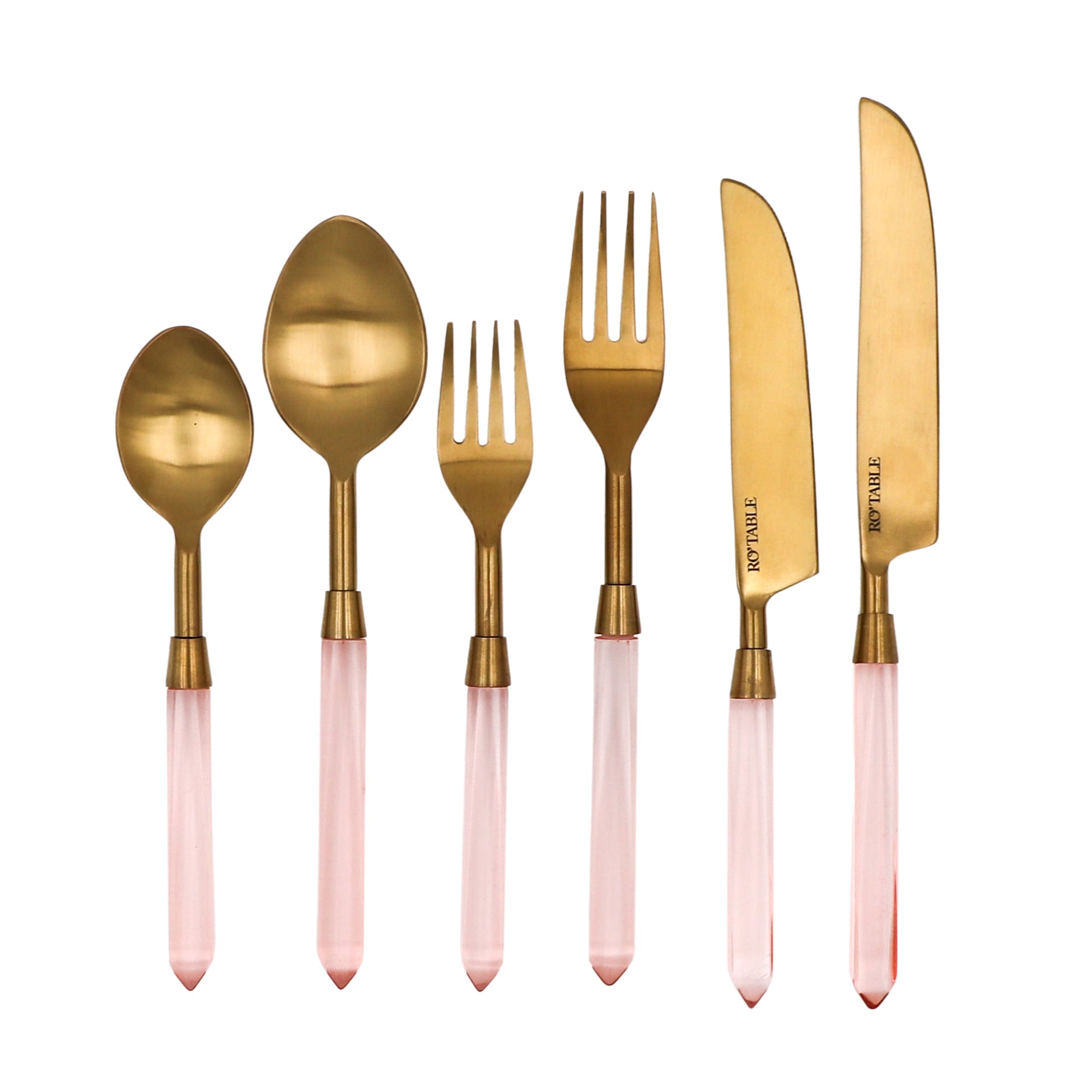 Peony Blush Cutlery 24-piece set by Ro'Table showing gold flatware with rose petal-infused sheer handles
