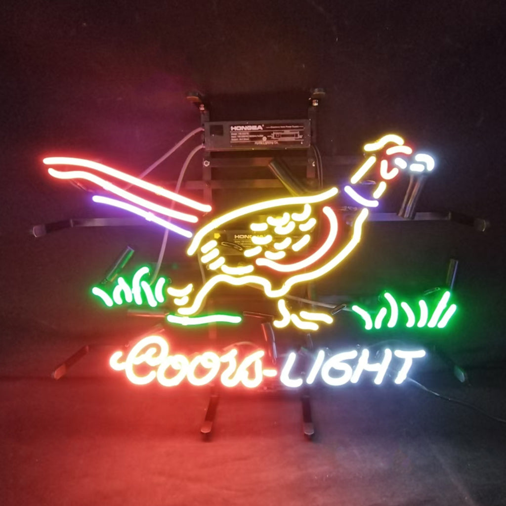Pheasant Coors Light Neon Light Sign illuminated indoors with metal grid backing
