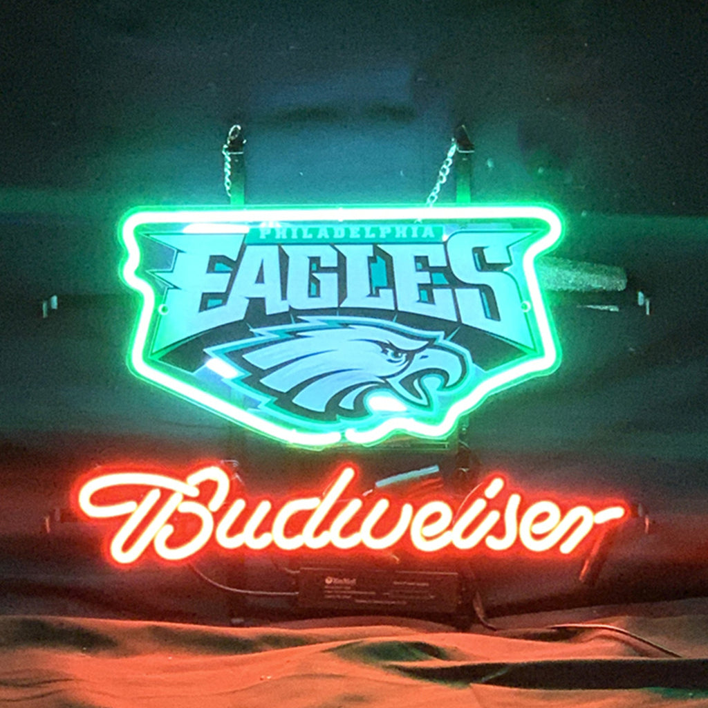Philadelphia Eagles Budweiser Neon Sign illuminated showing team logo and Budweiser branding on acrylic backing
