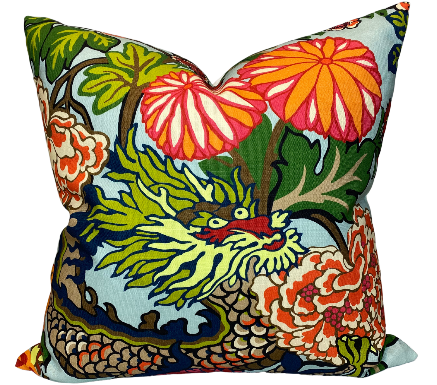 Chiang Mai Dragon Pillow Cover in aquamarine with floral pattern on sofa