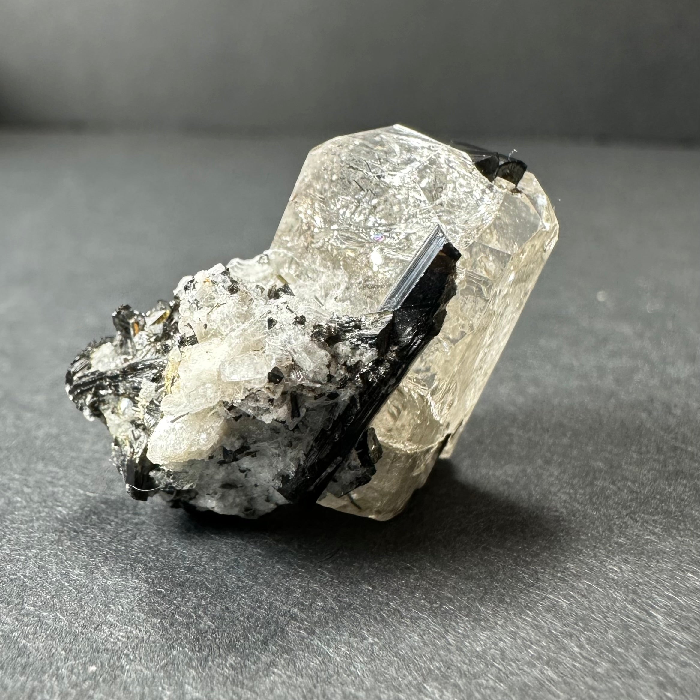 White Topaz crystal with black tourmaline inclusions from Mt.
Antero, San Isabel National Forest, Colorado