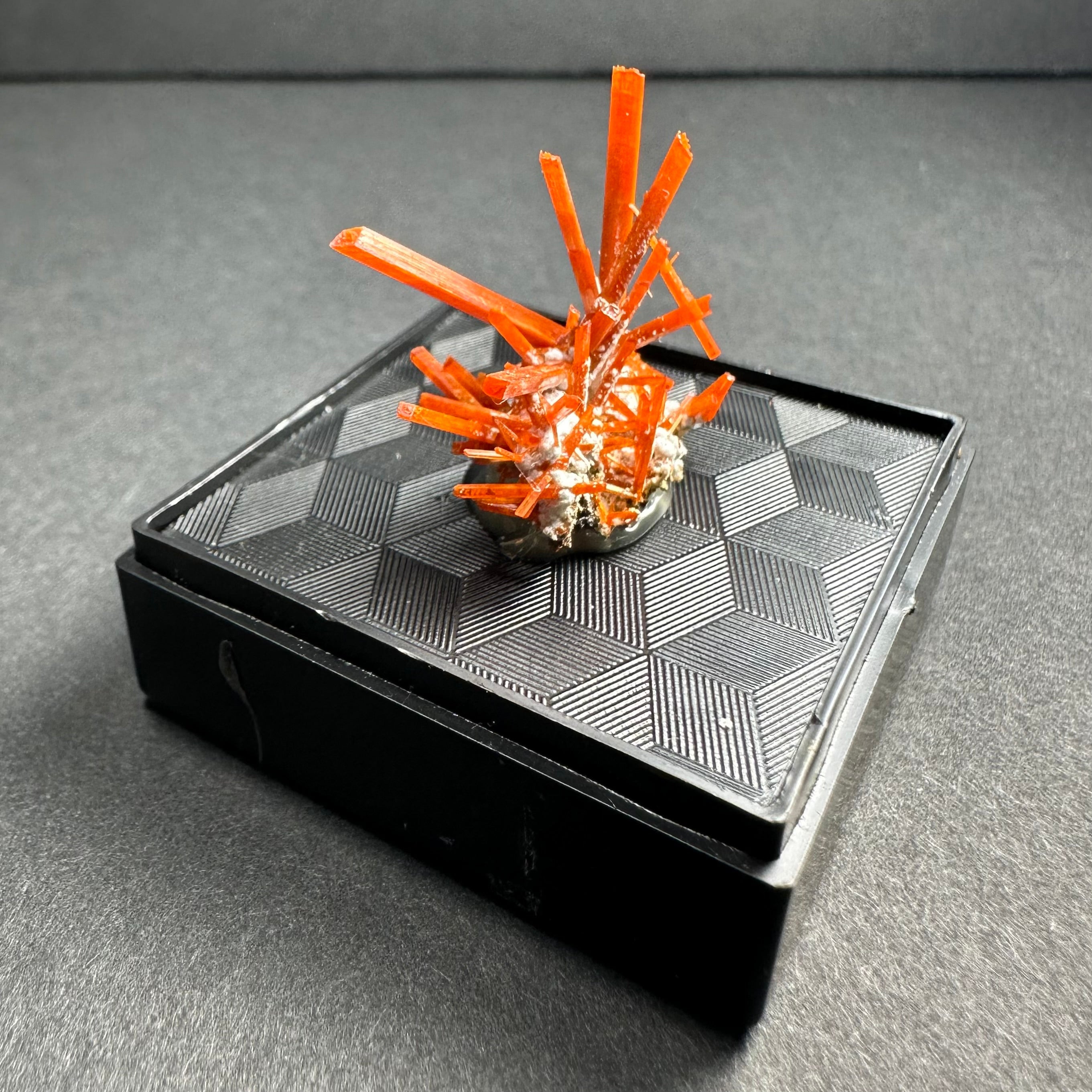 Crocoite on Matrix mineral specimen displayed in a clear acrylic case