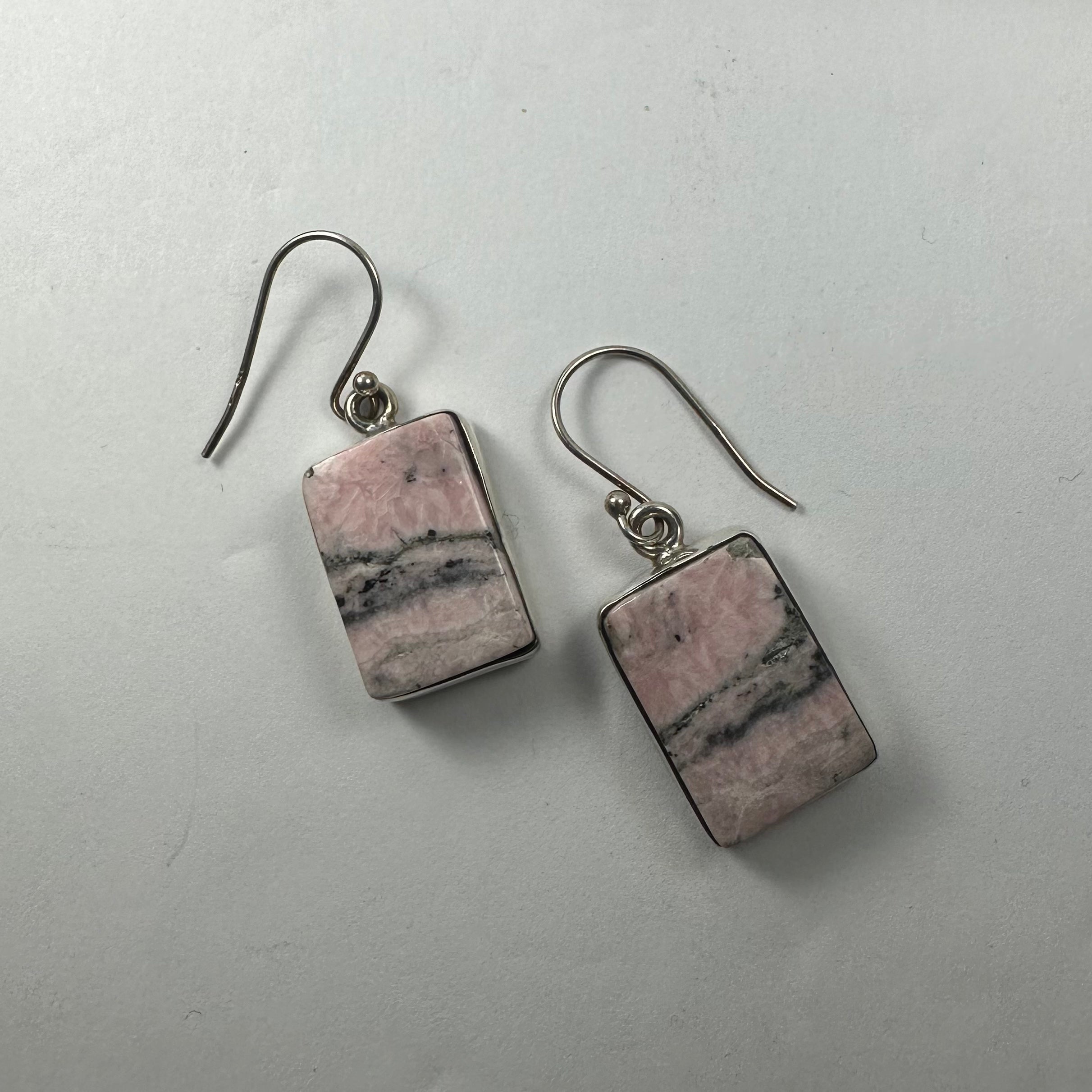 Rhodonite Earrings in Rectangle and Oblong shapes with .925 Sterling silver clasp