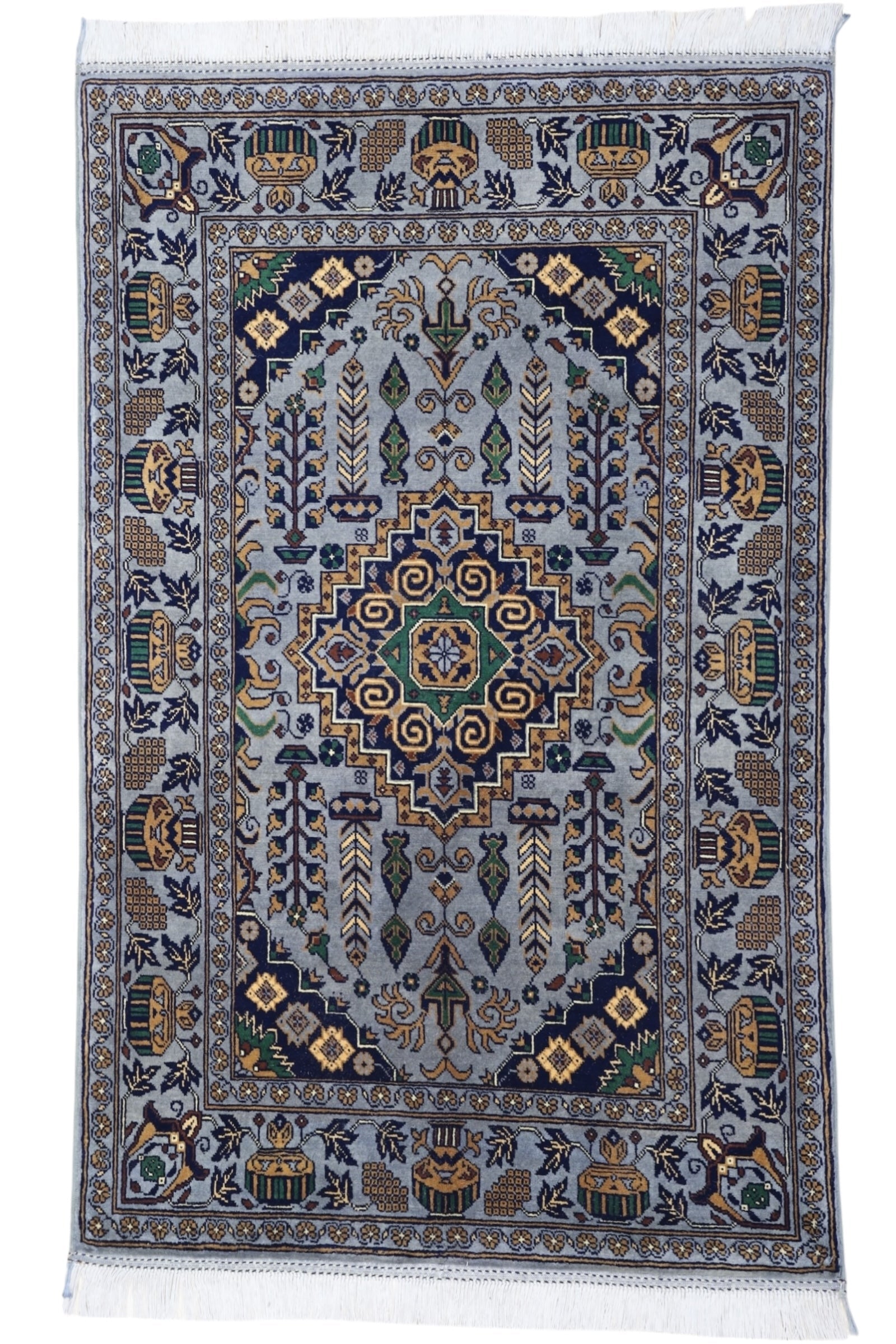Hand-knotted Afghani Zerkhaki wool rug in silver tones, laid flat showing detailed pattern