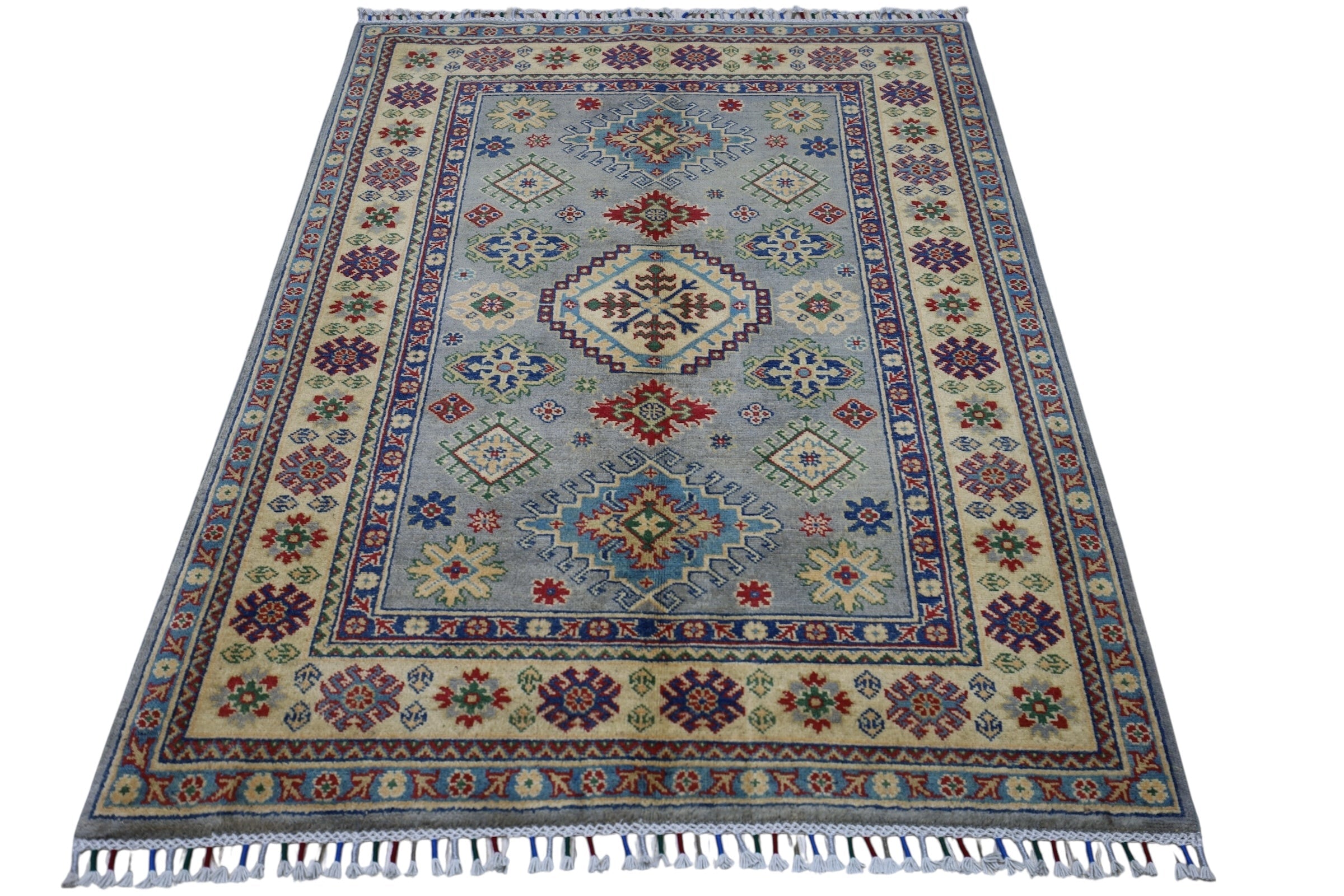 Hand-Knotted Afghani Kazak Wool Rug – 3’11″ x 5’6″