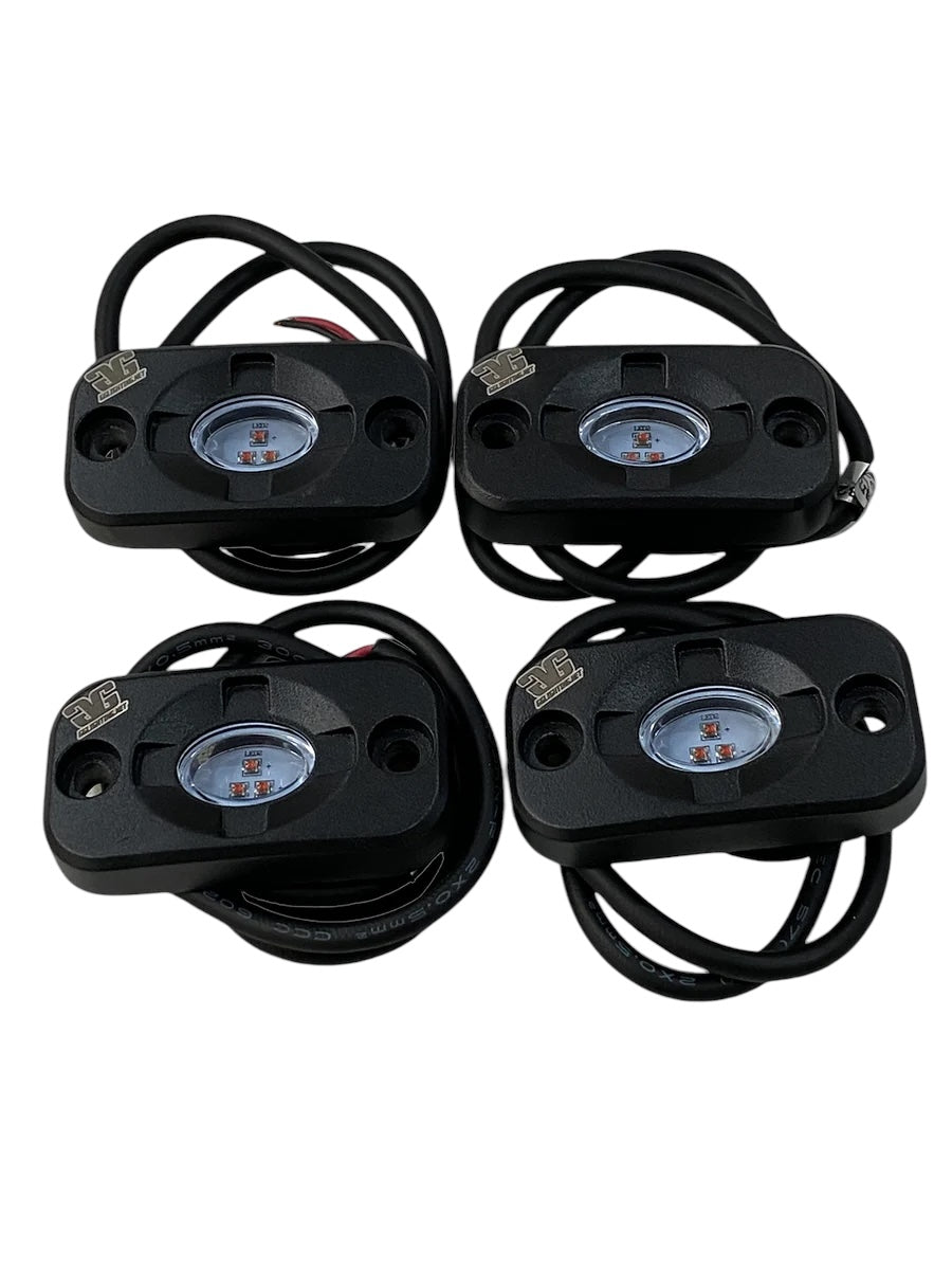 RL15 Rock Light Bundle showing a red LED light with aluminum housing and laser engraved logo.