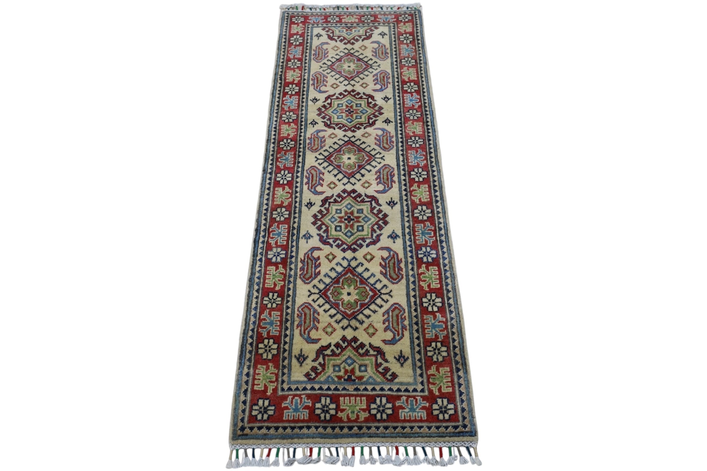 Hand-Knotted Afghani Kazak Wool Rug – 2’0″ x 6’2″