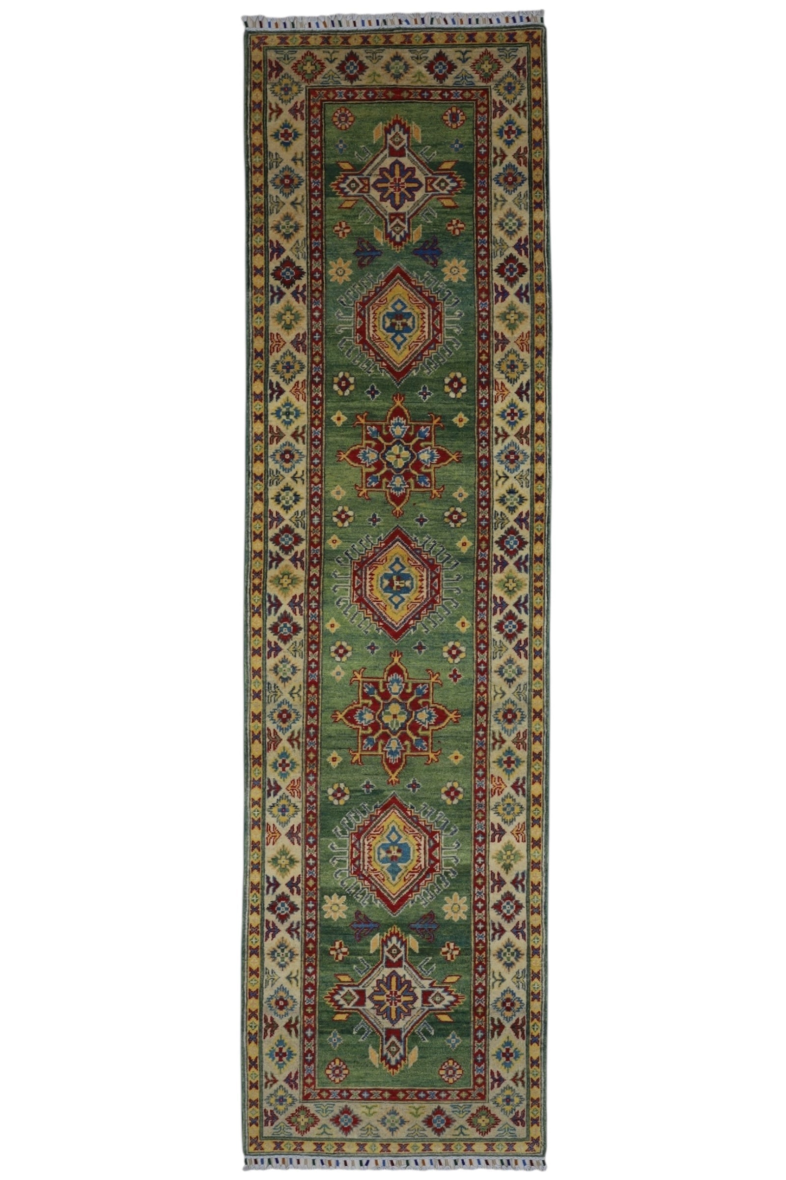Hand-knotted Afghani Kazak wool rug in blue tones, displayed flat on floor