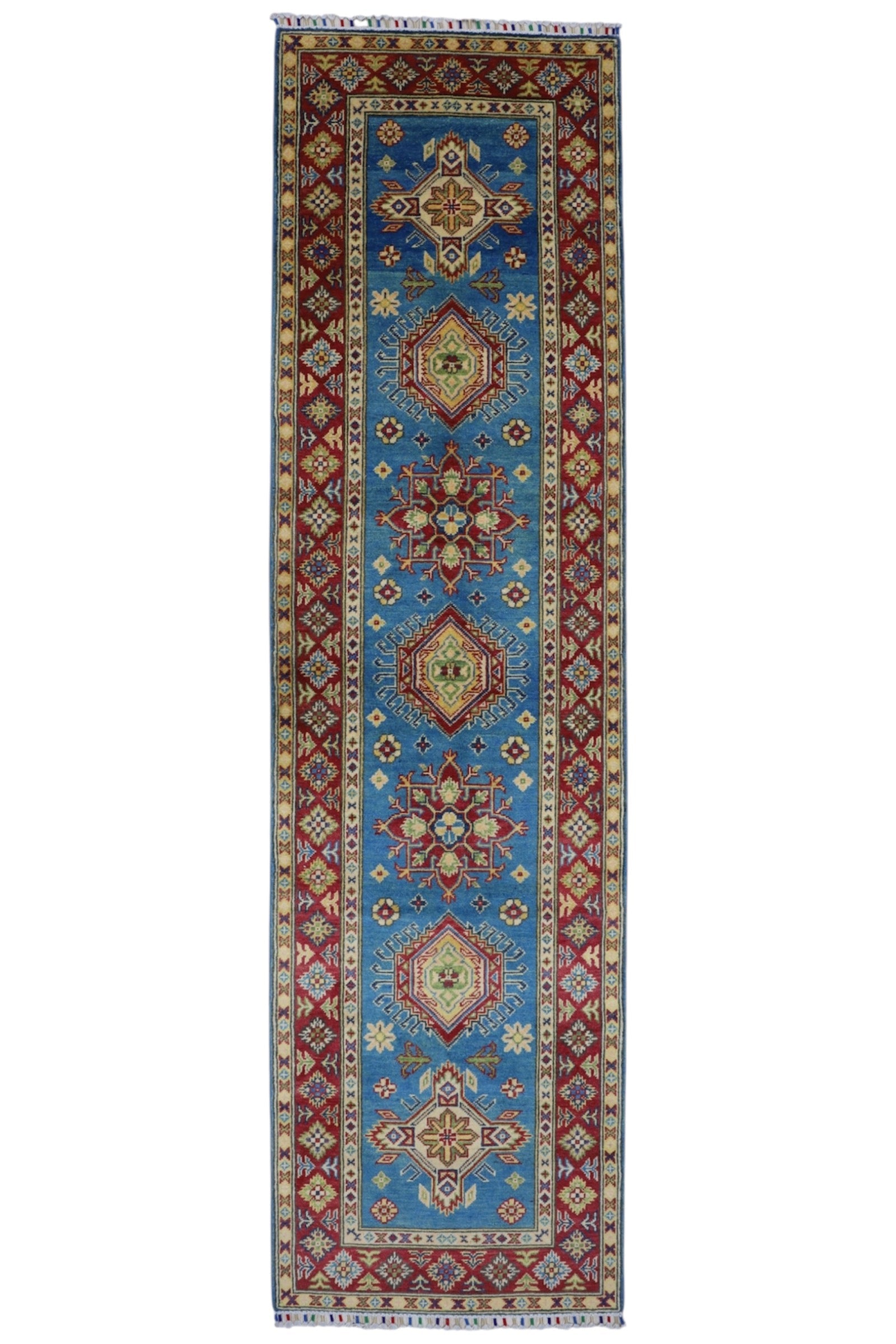 Hand-knotted Afghani Kazak wool runner rug in rich red and blue tones