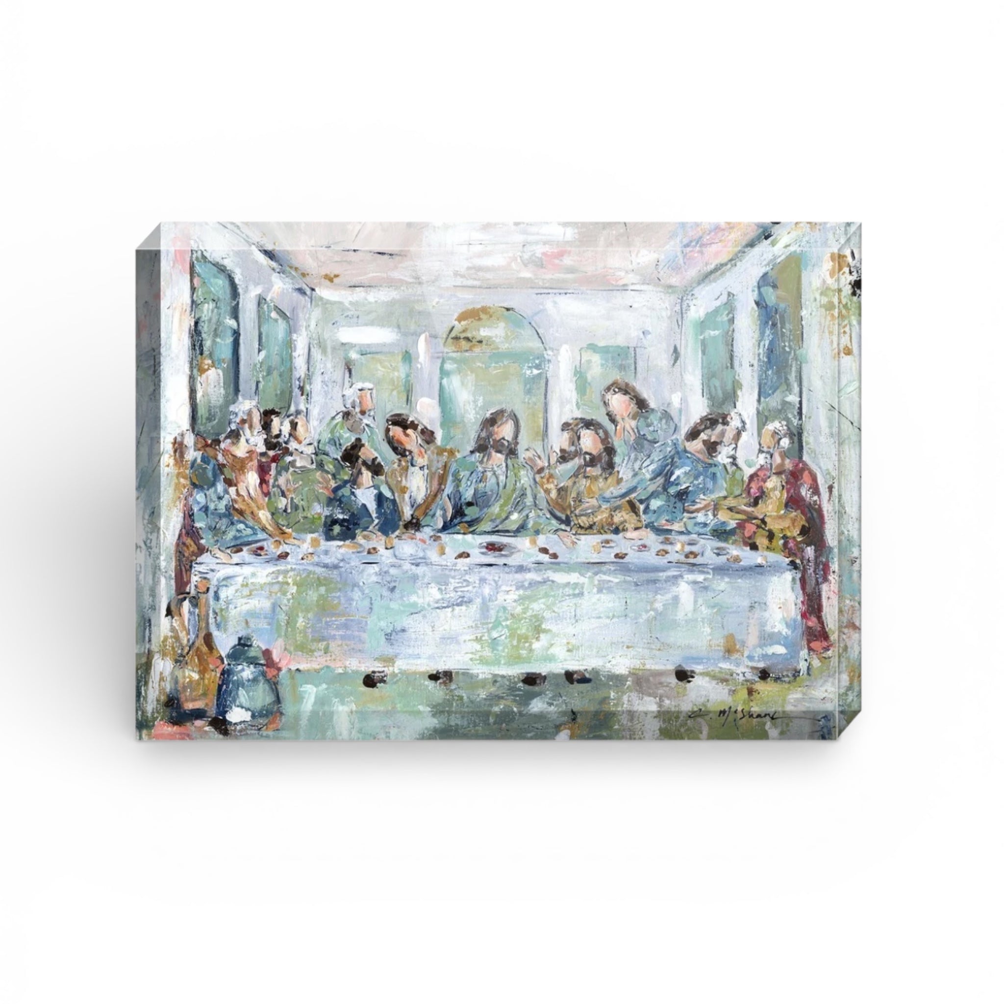 Legacy Meal I acrylic block showing Last Supper artwork by Chelsea McShane, freestanding on tabletop