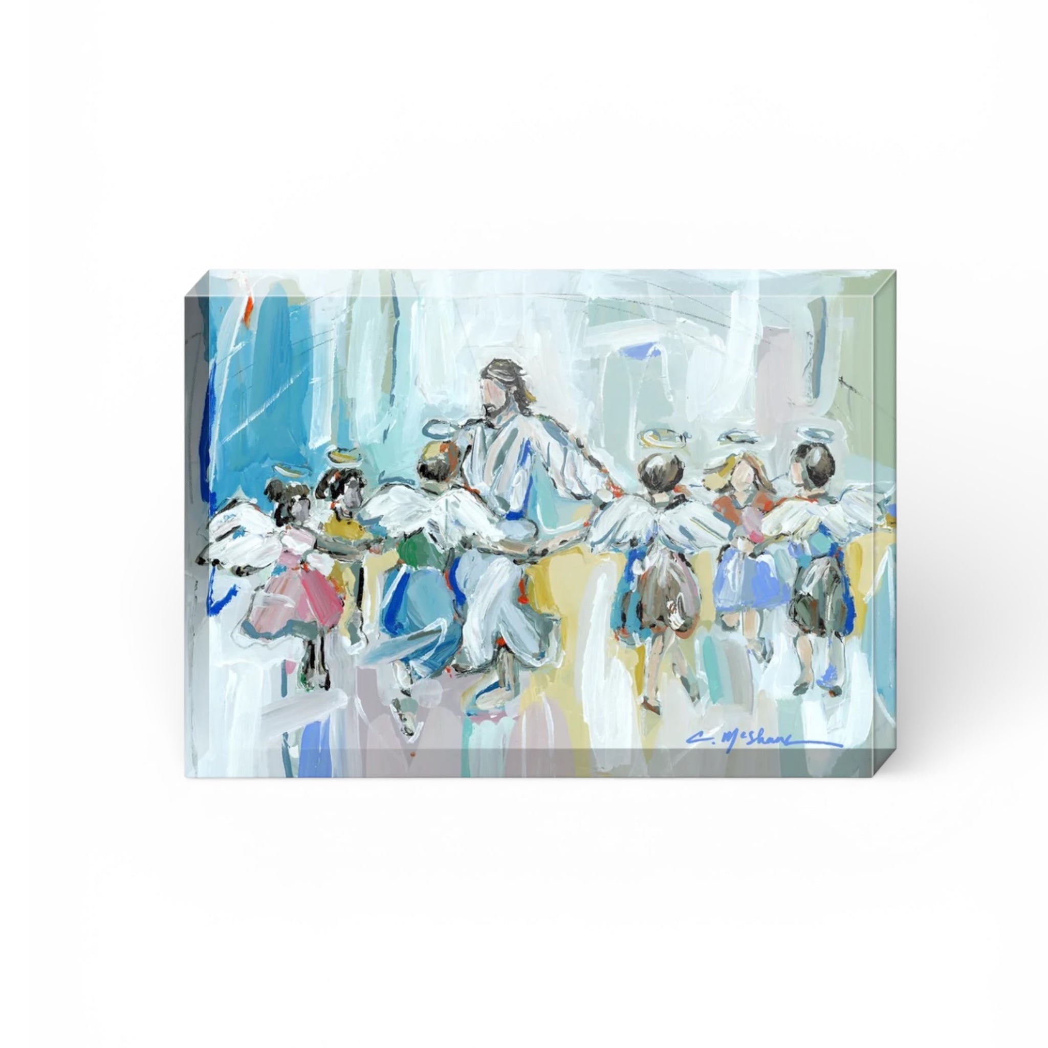 Dancing with Jesus Acrylic Tabletop Art by Chelsea McShane displayed on a wooden surface