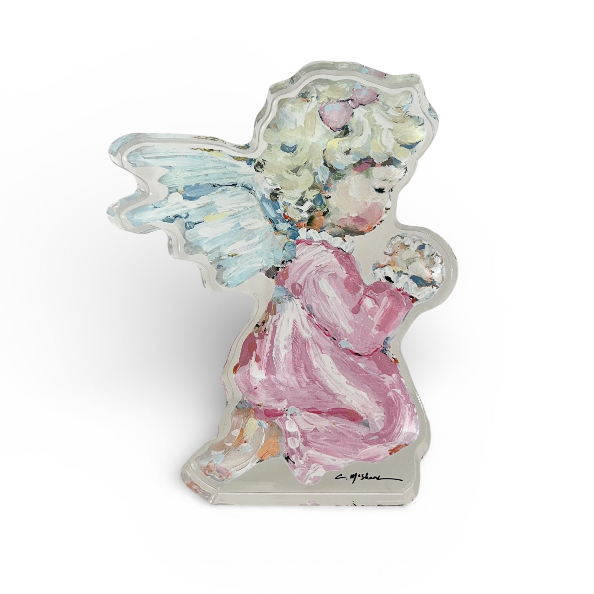 Tiny Wings I Angel Acrylic Tabletop Art displayed on table with warm light