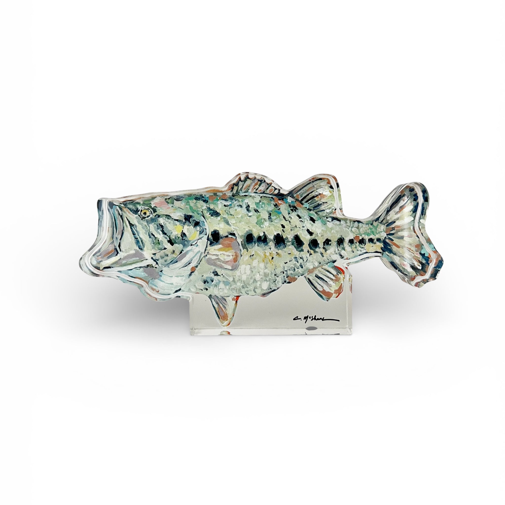 Gone Fishin Bass Acrylic Tabletop Art showing a bass fish illustration inside a thick clear acrylic block