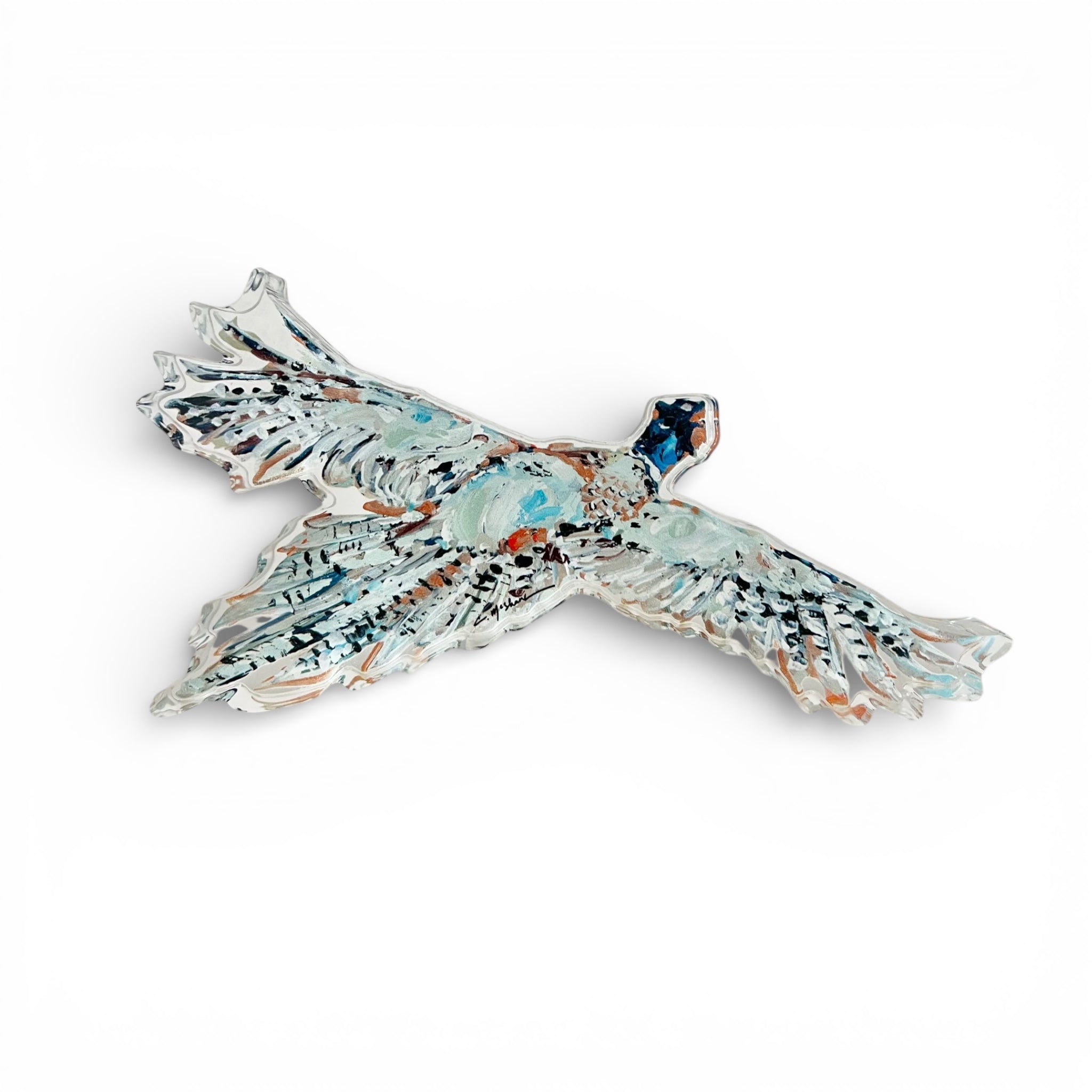 Pheasant Acrylic Tabletop Art showing a colorful pheasant printed on a thick crystal-clear acrylic block