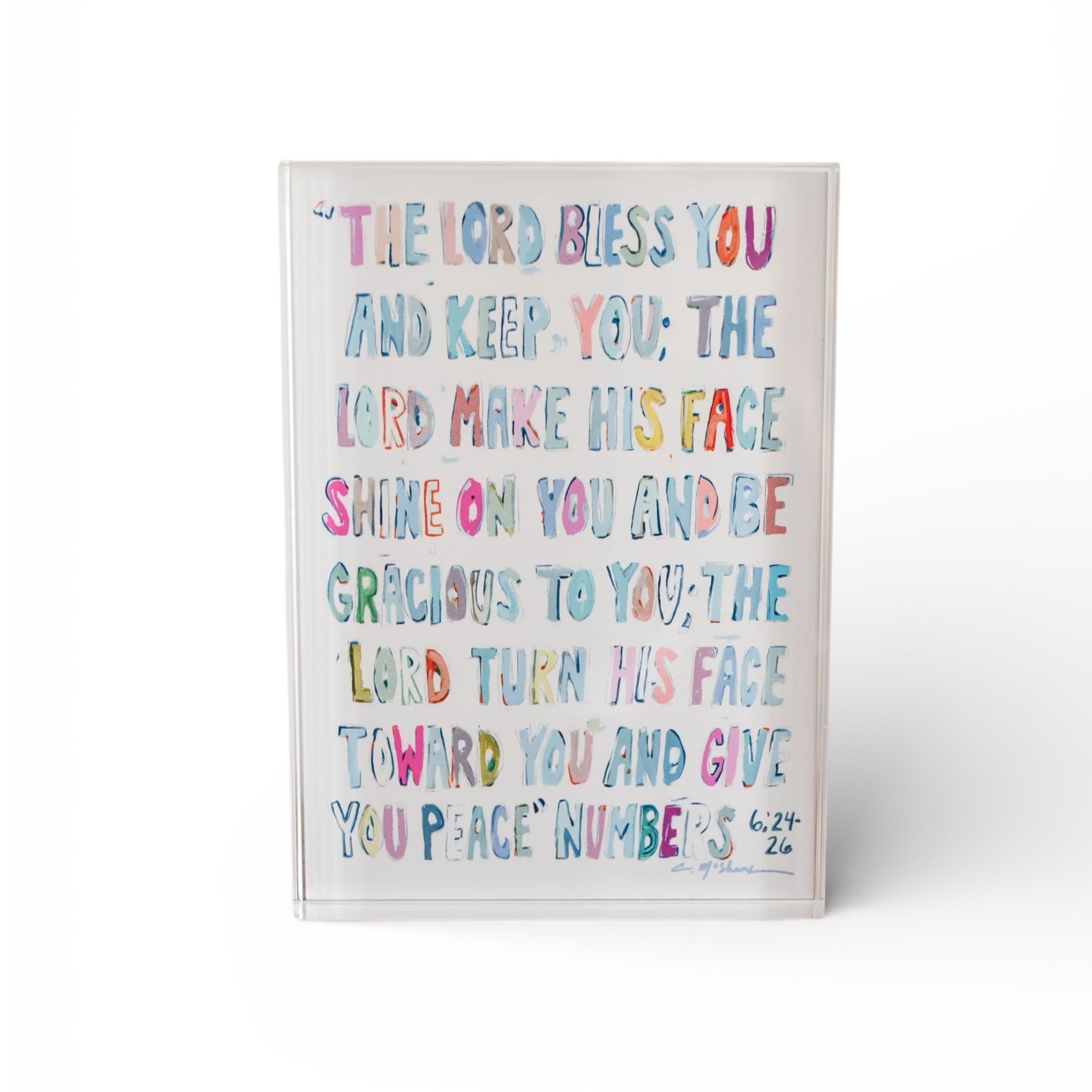 Numbers 6:24-26 Bible Verse Acrylic Tabletop Art in pinks color, freestanding block
