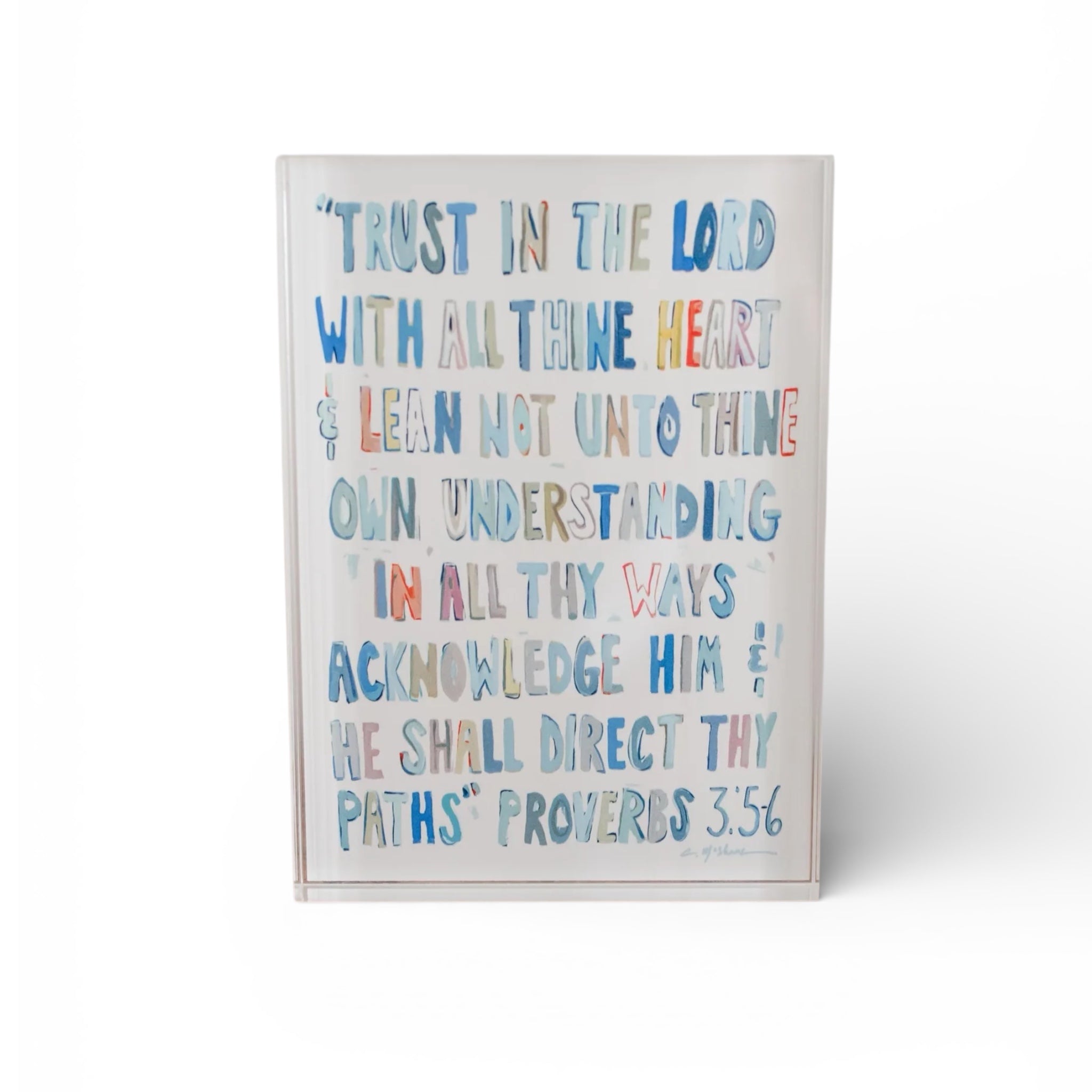 Proverbs 3:5-6 Bible Verse Acrylic Tabletop Art in blues with dimensional acrylic block