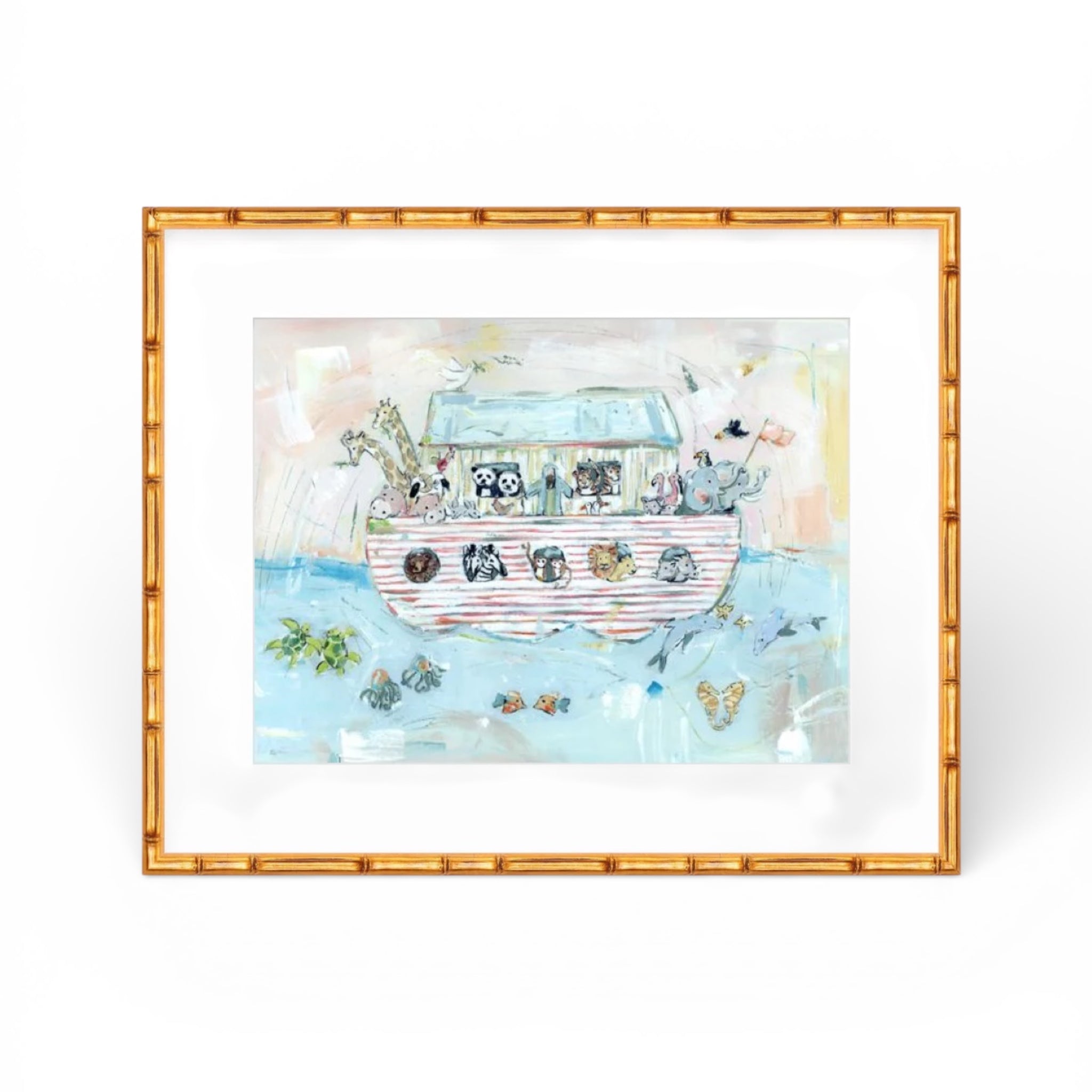 Noah's ark II framed print displayed in a nursery setting with soft pastel colors and wooden crib below