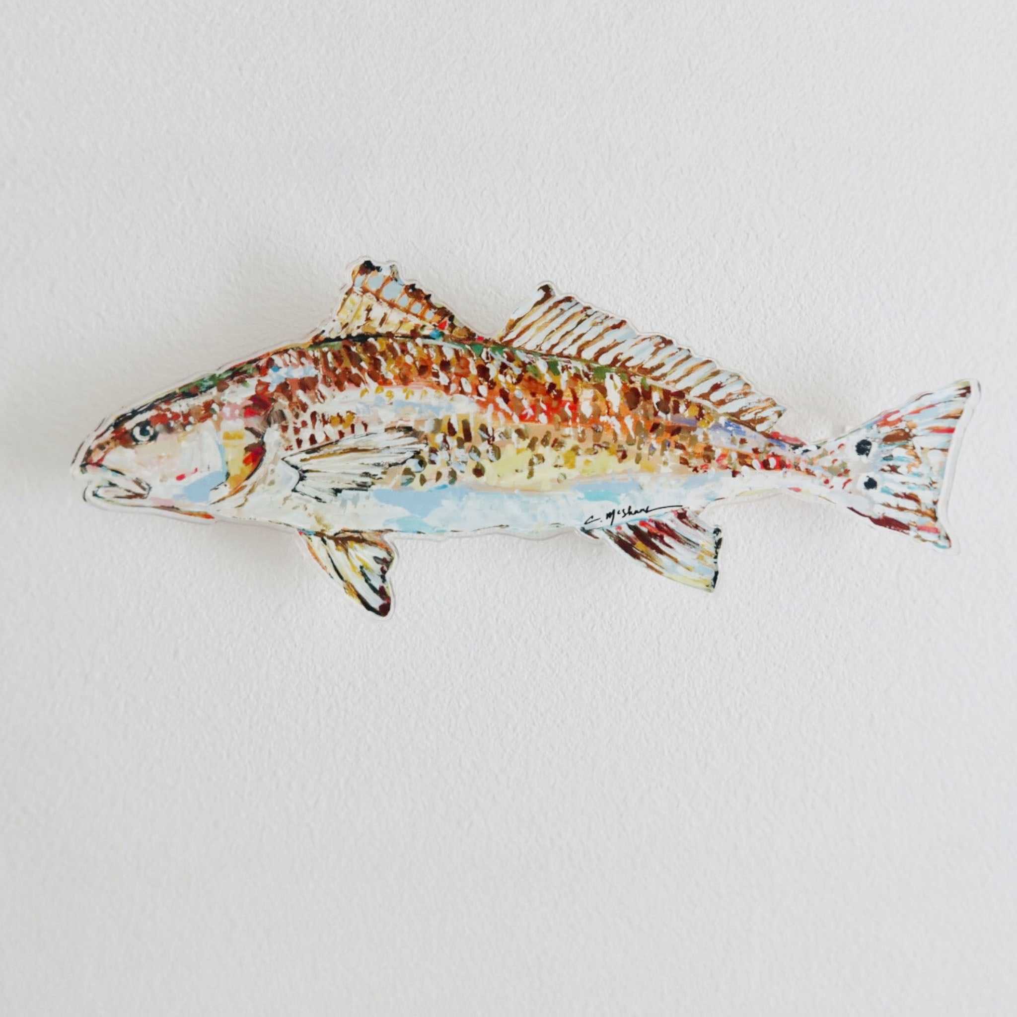 "Redfish" Acrylic Wall Contour artwork by Chelsea McShane mounted on a white wall