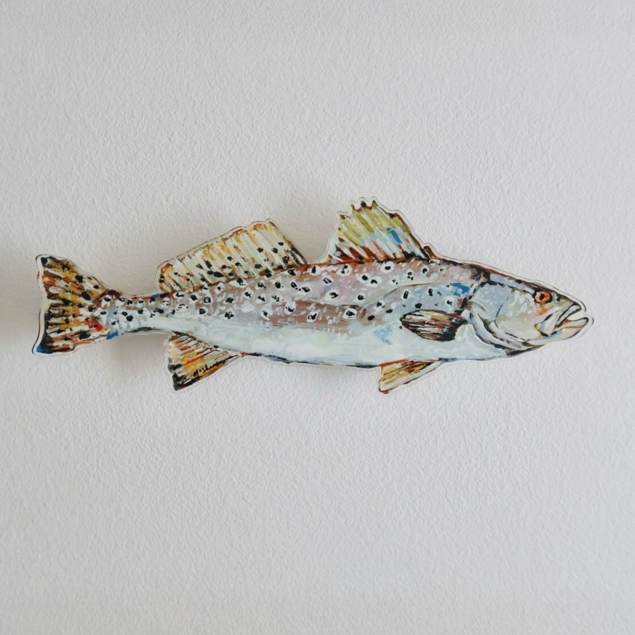 Acrylic wall contour artwork of a speckled sea trout, featuring colorful and detailed depiction on acrylic sheet