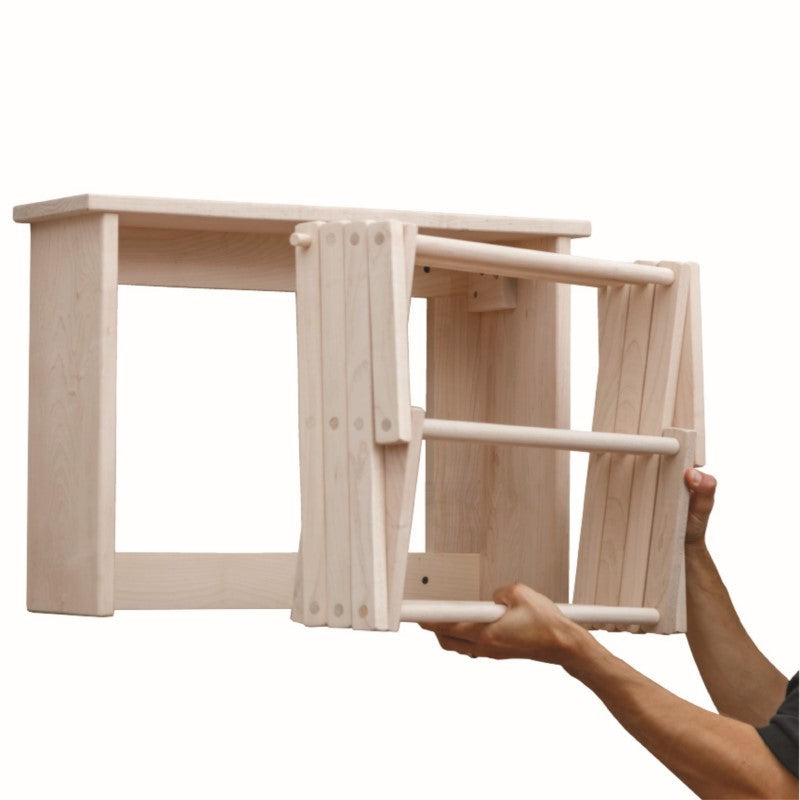 Solid maple hardwood wall-mounted folding clothes drying rack with multiple dowels for drying laundry