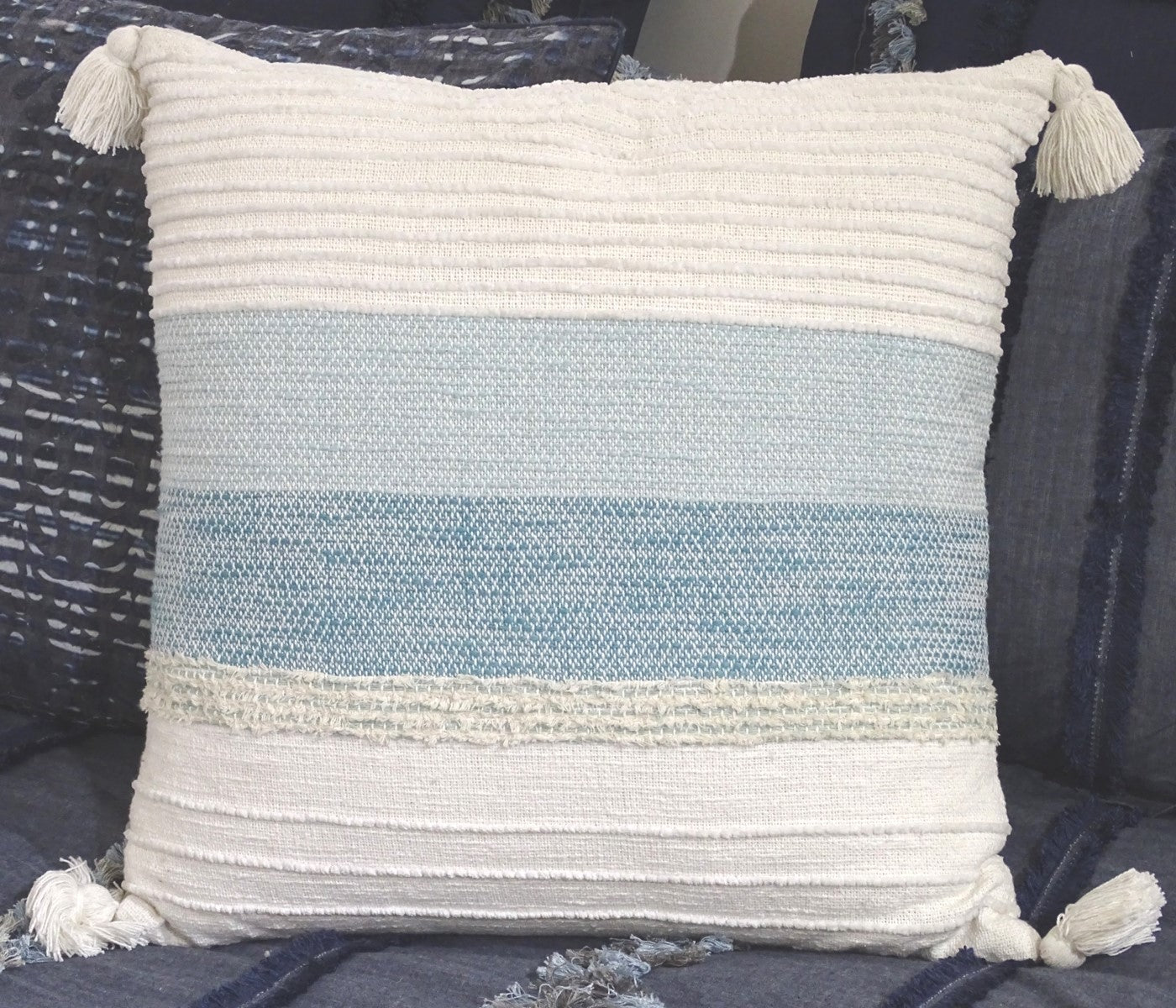 Elegant Large Throw Pillow 22x22 handloom woven on couch with tassels