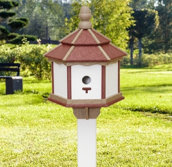 Amish Poly Gazebo Birdhouse with three nesting holes in outdoor setting