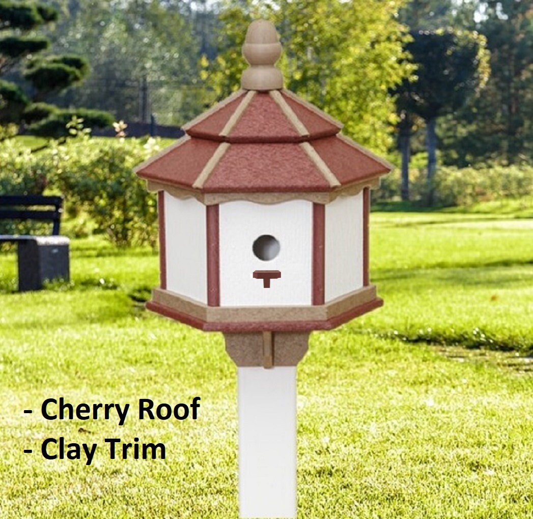 Amish Poly Gazebo Birdhouse with three nesting holes in outdoor setting