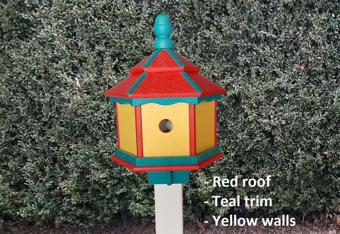 Amish Poly Gazebo Birdhouse with three nesting holes in outdoor setting