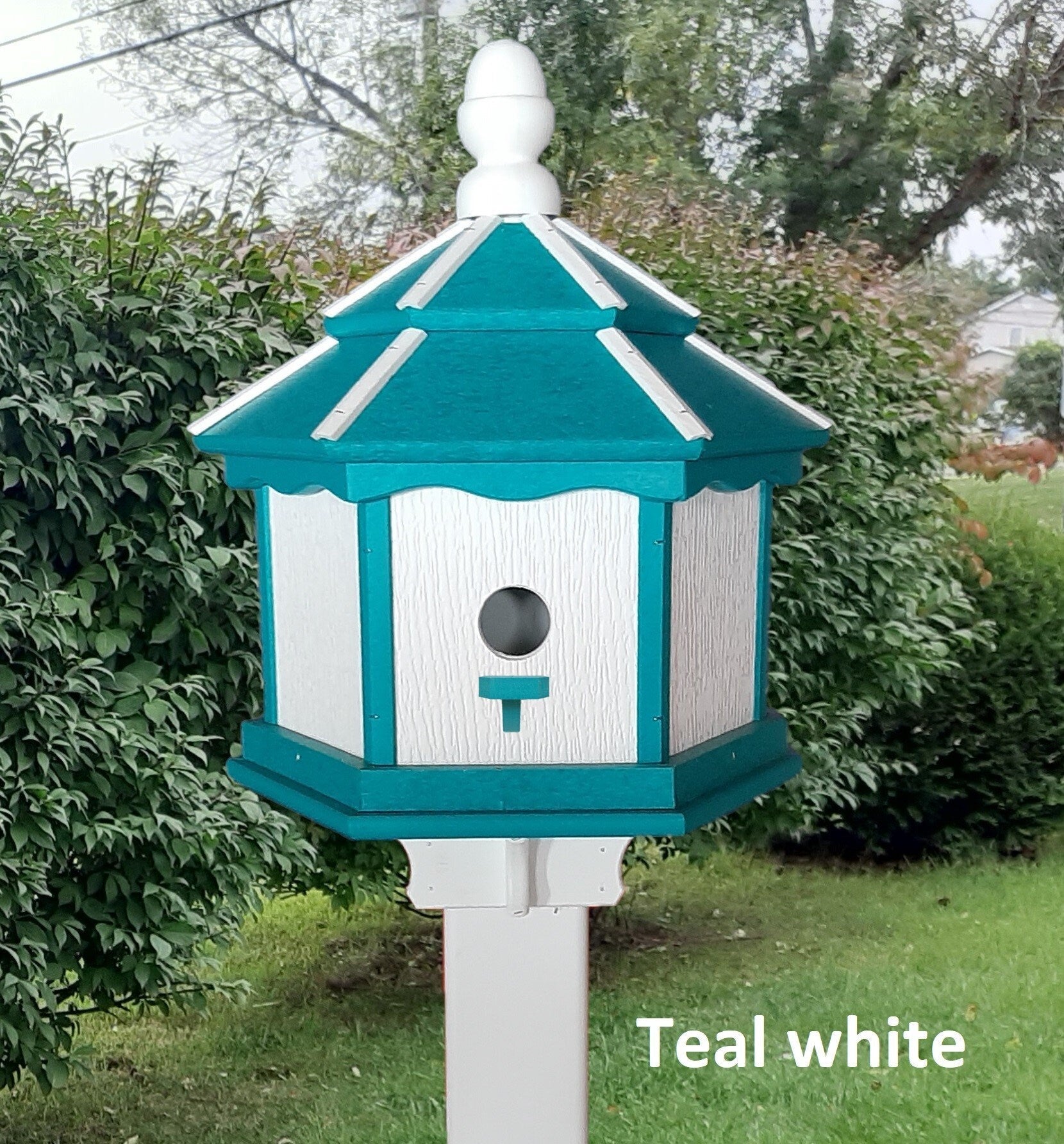 Amish Poly Gazebo Birdhouse with three nesting holes in outdoor setting