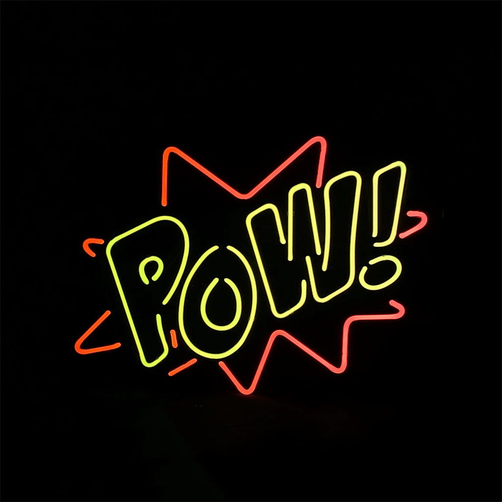 Pow!
Neon sign with bright pink and blue neon tubes on a metal grid background