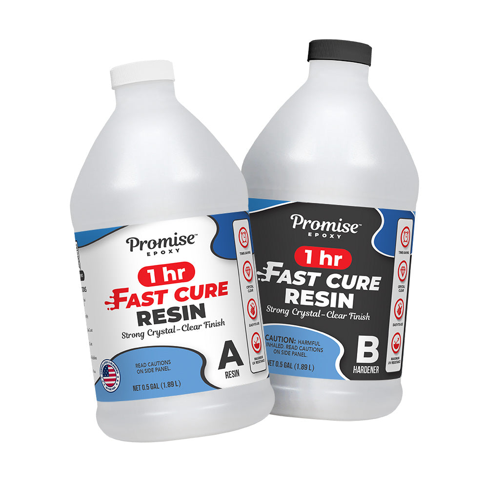 Promise Fast Cure Resin container in 1-Gallon and 32oz sizes alongside project samples and instructions