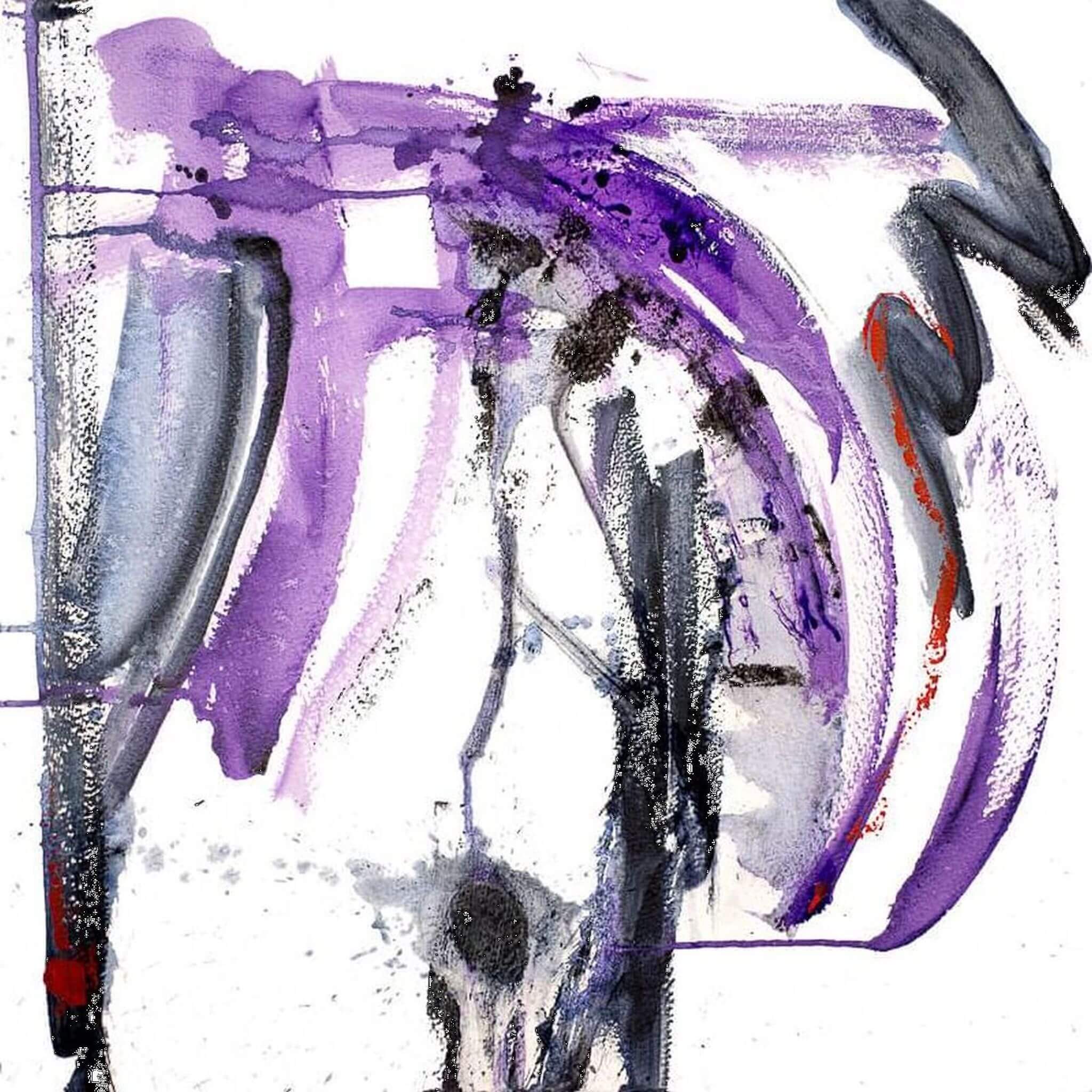 Purple and Black II abstract artwork featuring shades of purple and black in an enhanced canvas print by John Beard, displayed in a room.