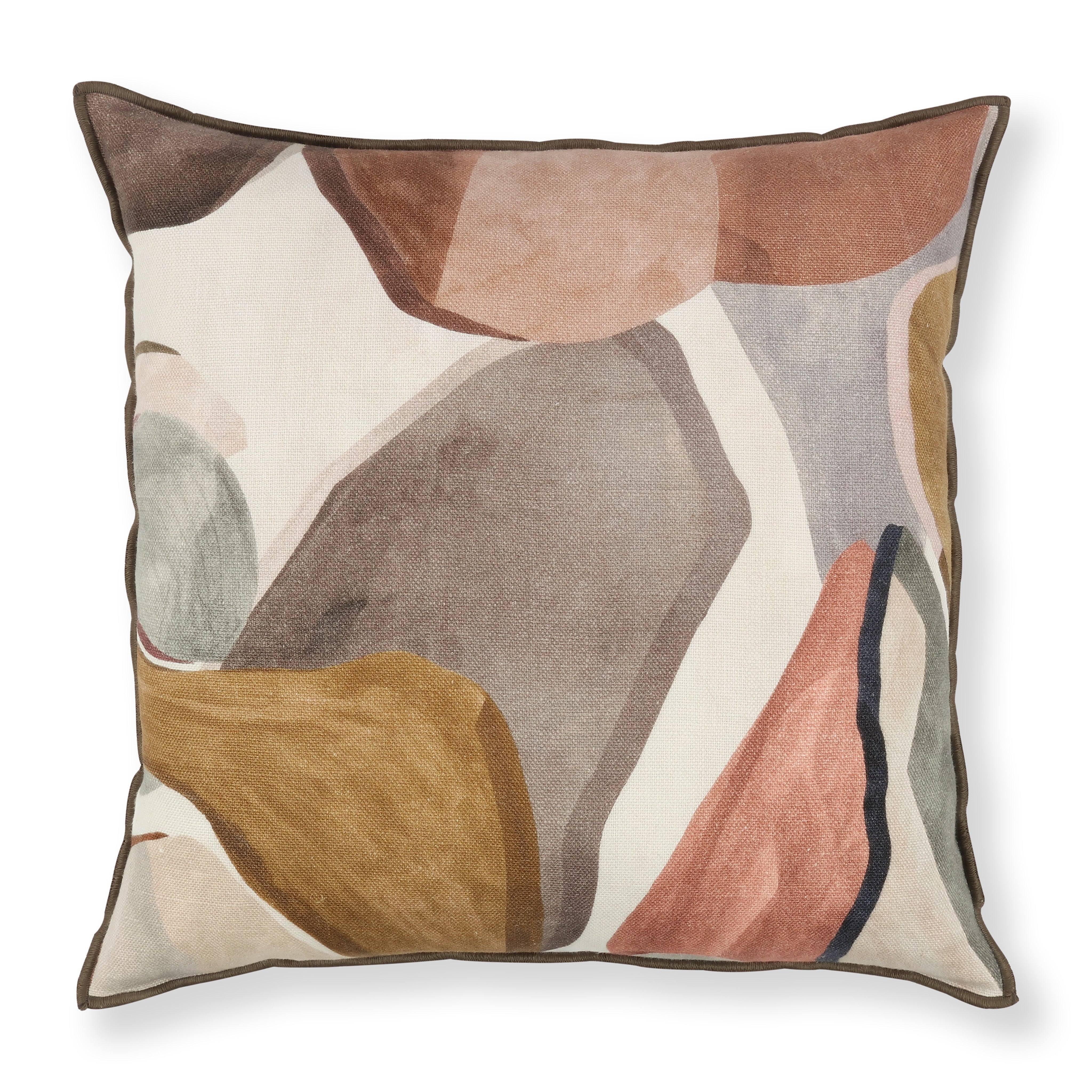 Figura Pillow Cover in Mehndi displaying abstract linen fabric in neutral tones on a couch.