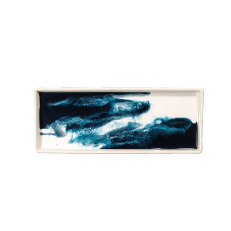 Rectangular Small Ceramic Resin Tray with a blue abstract design on a white background
