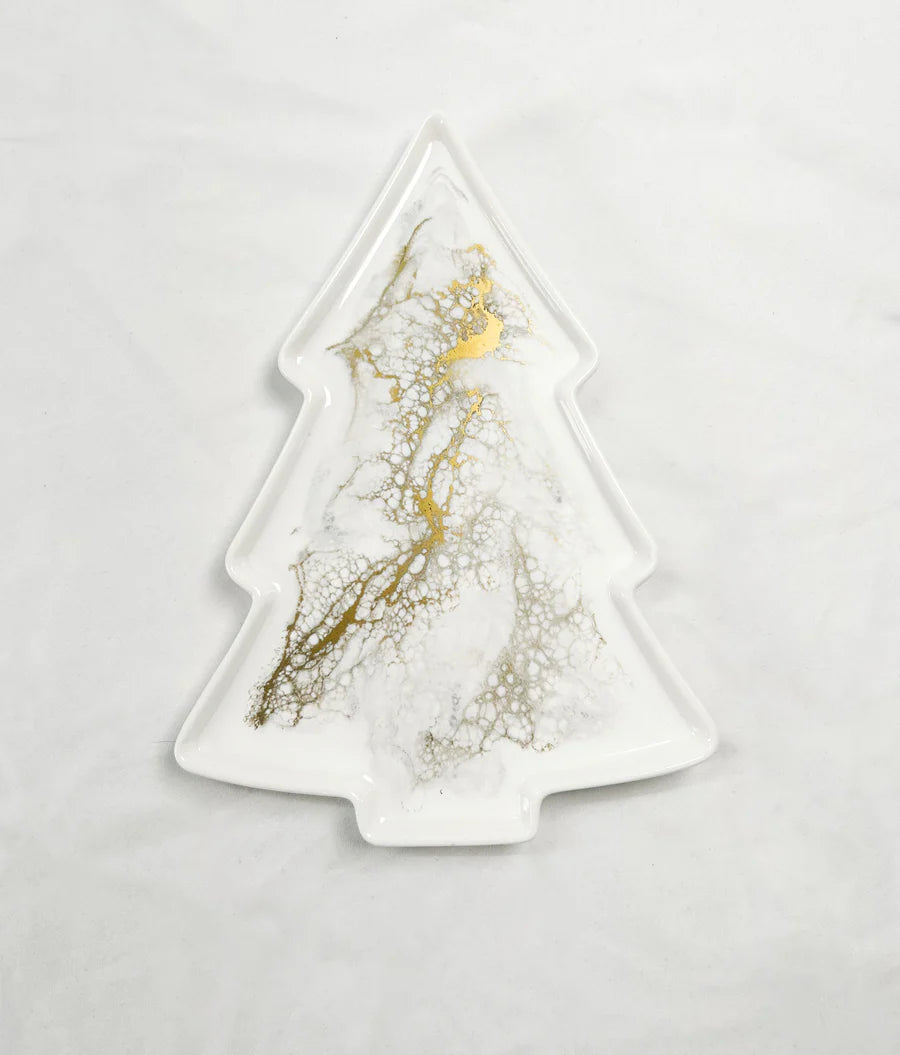 Christmas tree-shaped Resin Ceramic Tray with gold and silver leaf design on a light gray background