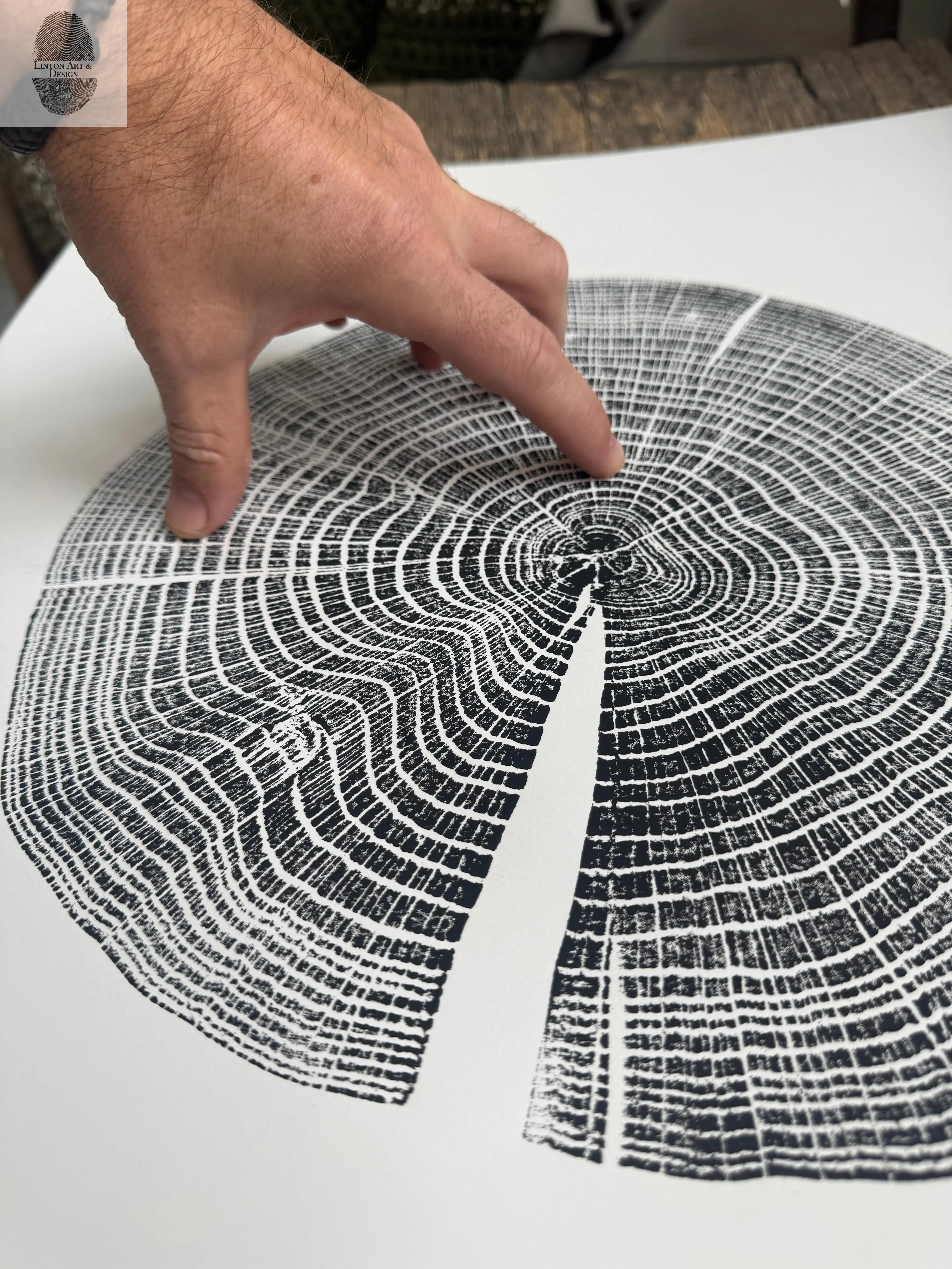 Original signed woodcut print showing Red Oak tree rings from Spartanburg County, South Carolina, 18x24 inches