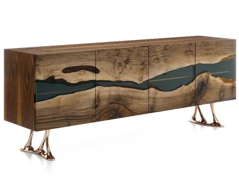 Osso collection resin credenza sideboard with walnut doors and resin accents