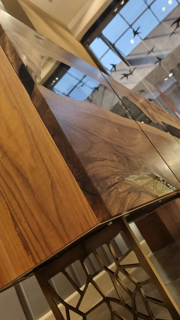 Wood and resin dining room buffet and sideboard table made of walnut from the Voronoi Collection
