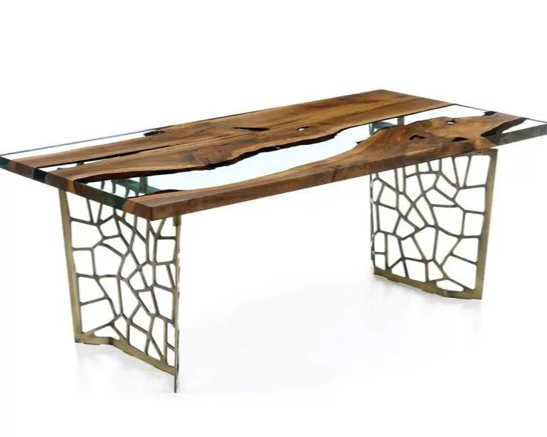 Resin Walnut River Dining Room Table with Voronoi epoxy resin river and laser-cut metal legs
