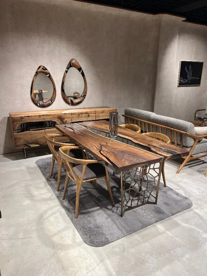 Resin Walnut River Dining Room Table with Voronoi epoxy resin river and laser-cut metal legs