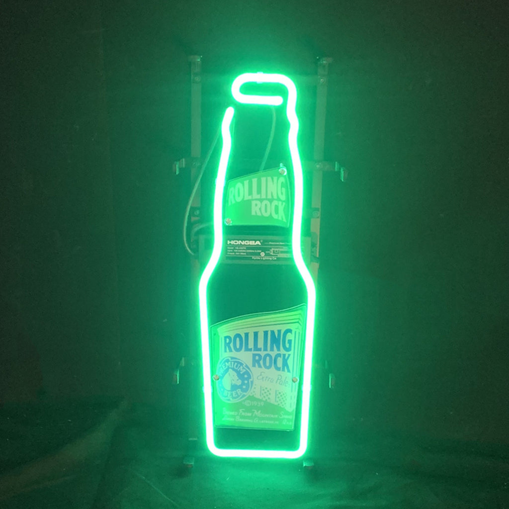 Rollin Rock Bee with Bottle Neon Sign Light showing neon outline of a beer bottle with a bee design