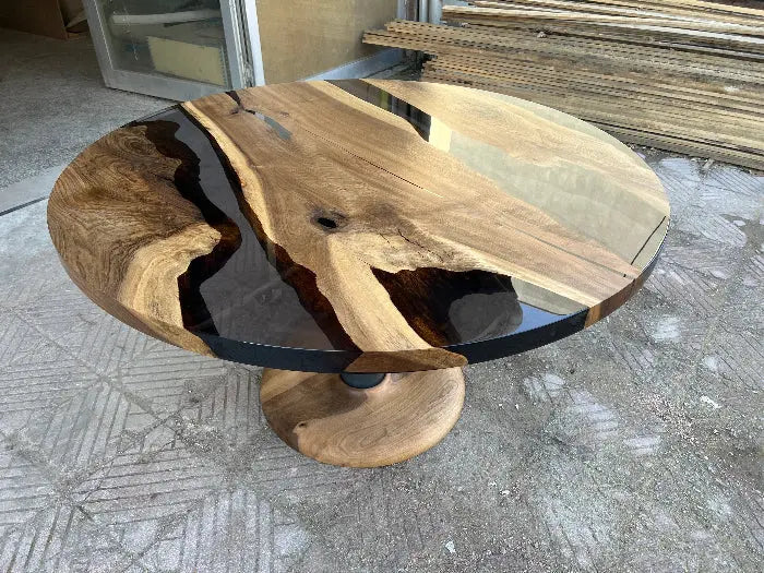 Custom round epoxy resin walnut dining table with wood and metal base