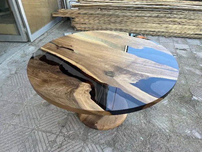 Custom round epoxy resin walnut dining table with wood and metal base