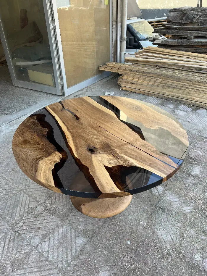 Custom round epoxy resin walnut dining table with wood and metal base