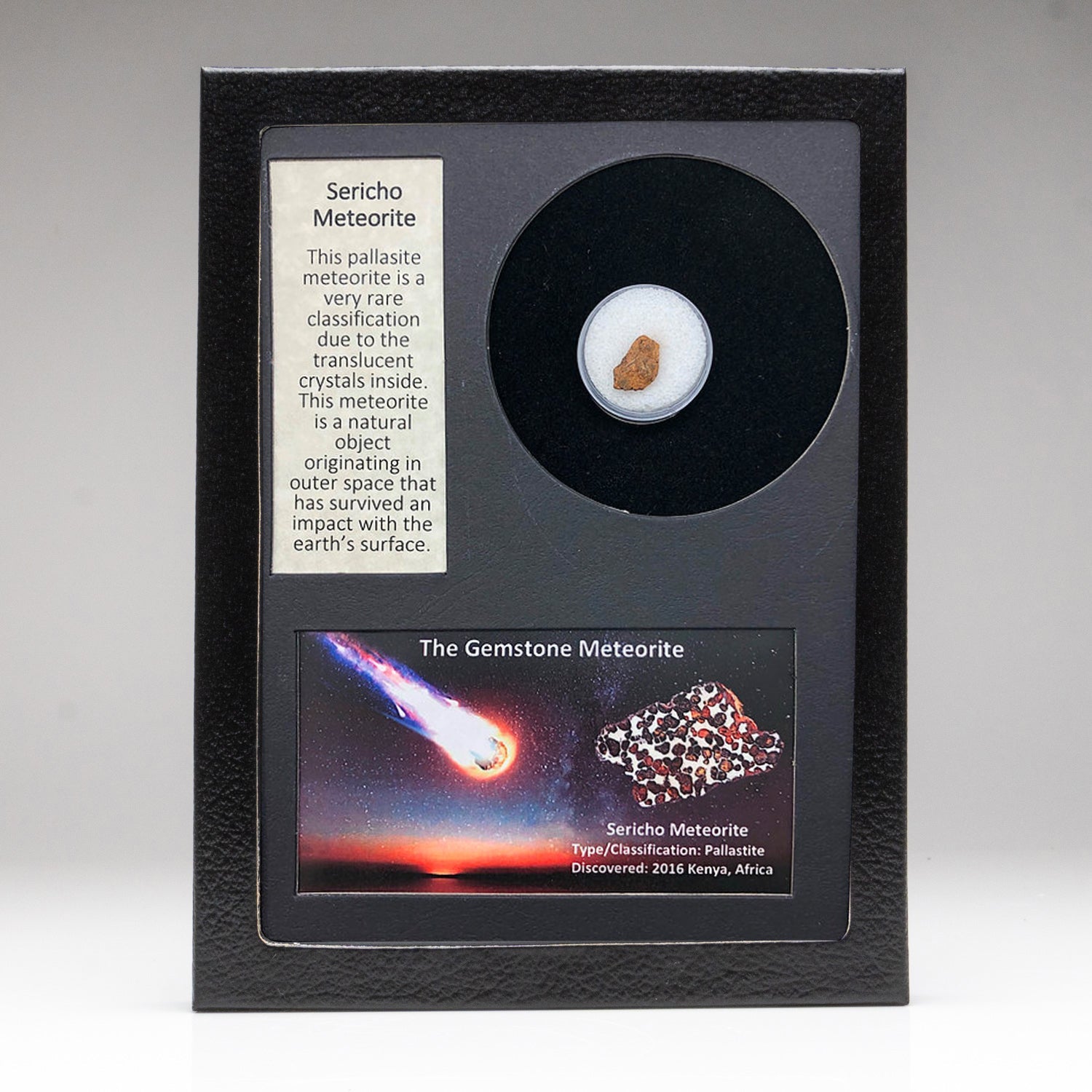 Genuine Sericho Meteorite featuring rounded olivine crystals displayed in a glass box
