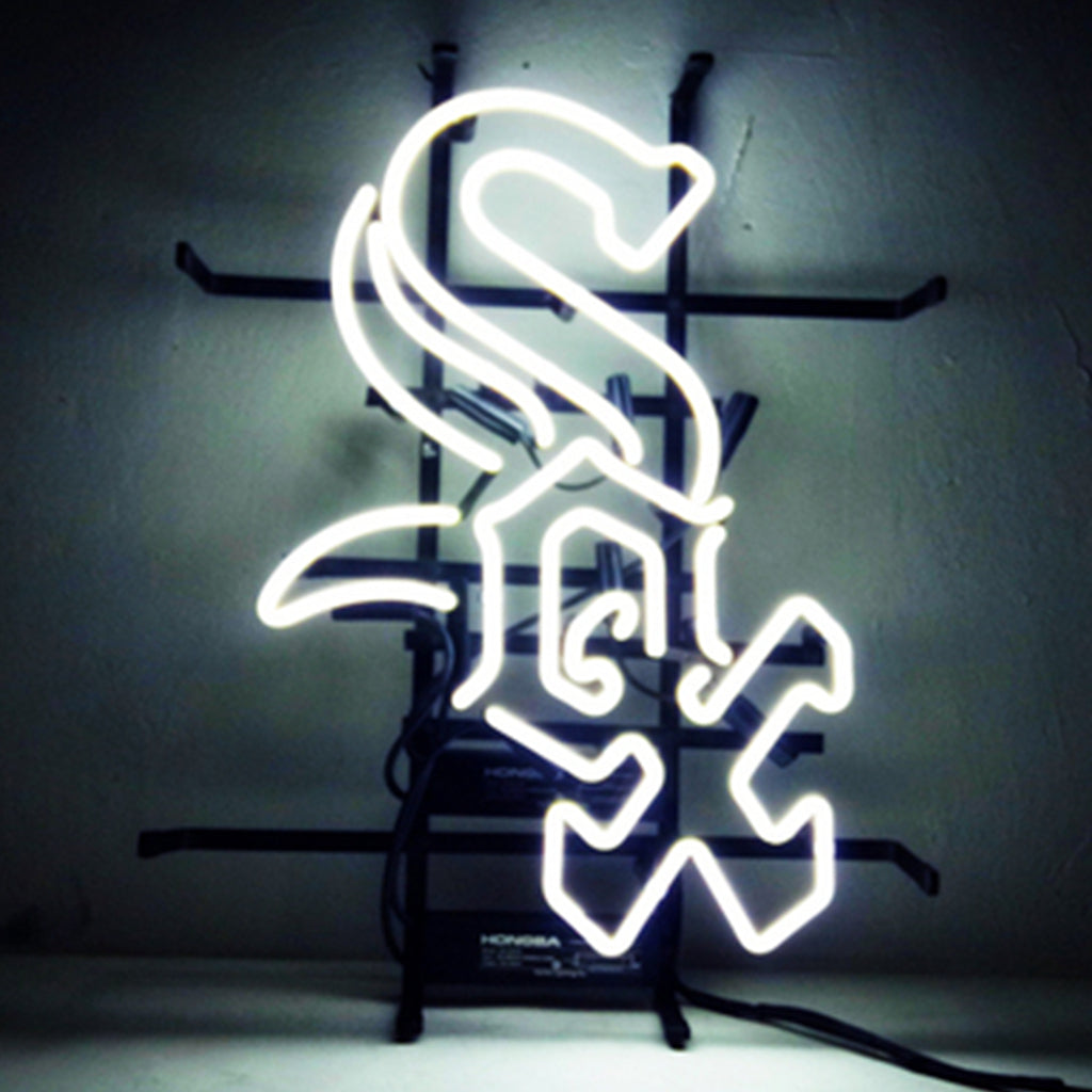 SOX Sport Logo Neon Signs Light showing white neon light on metal grid backing, hanging from metal chain indoors